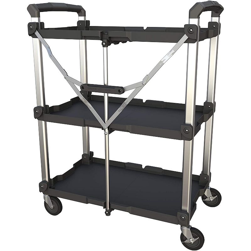 Olympia Tools Pack N Roll Collapsible Folding Aluminum 300 Pounds Capacity 3 Shelf Service Office Utility Cart, Black