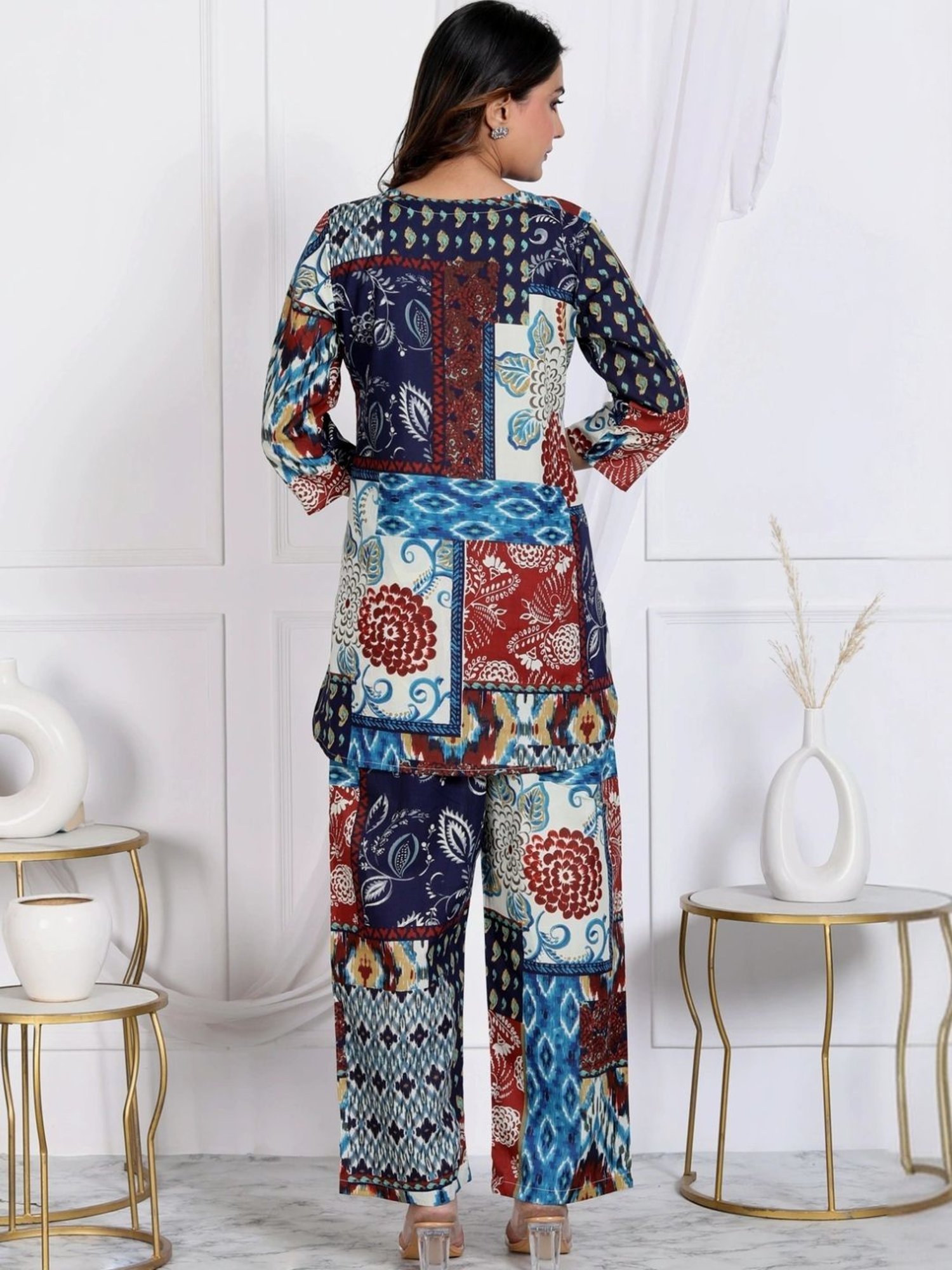 Kaftanize Blue Ikkat Patches Printed Ethnic Tunic with Pant