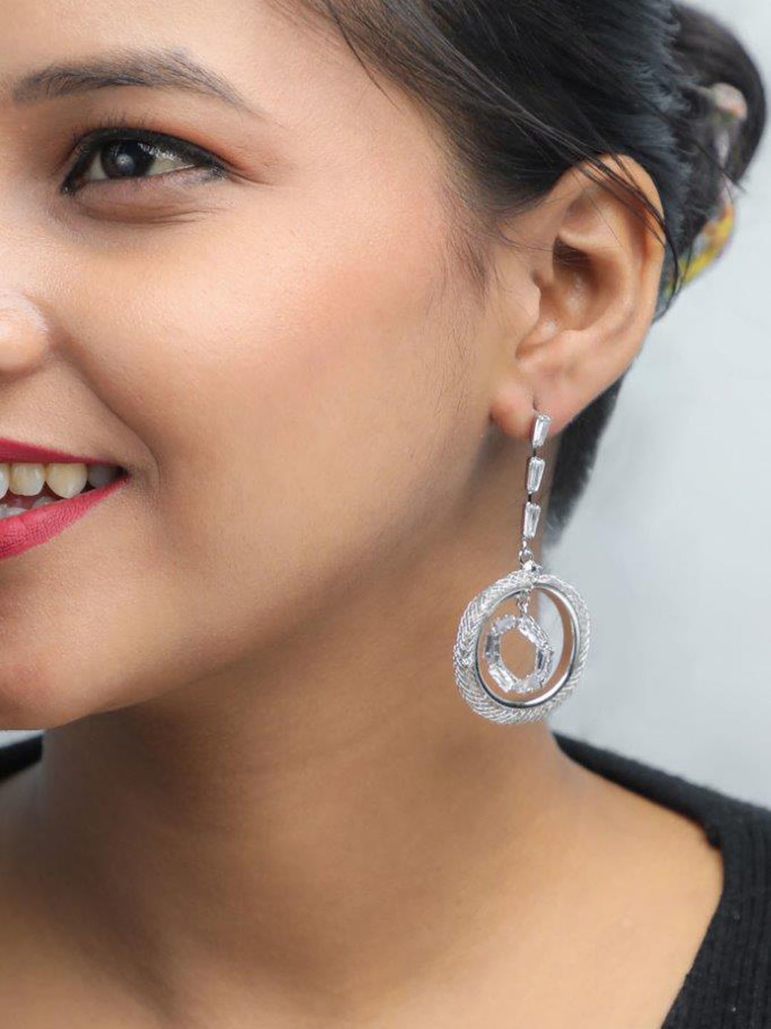 VOJ Silver Plated Stone Studded Circluar Drop Earrings for Women