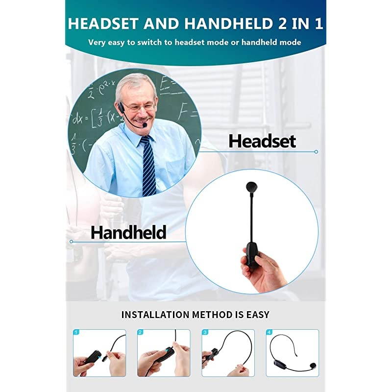 Microphone Headset, UHF Headset Mic System, 160 ft Range, Headset Mic and Handheld Mic 2 in 1, 1/8''&1/4'' Plug, for Speakers, Voice Amplifier, Pa System(Incompatible Phone, Laptop)