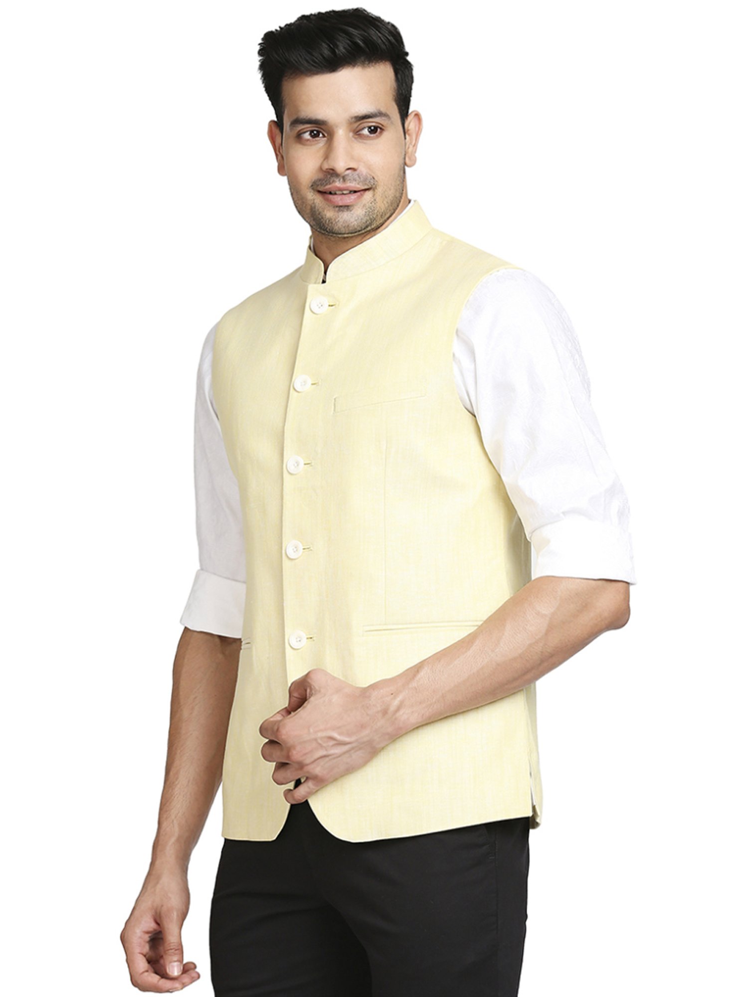 Colorplus Yellow Tailored Fit Self Pattern Nehru Jacket