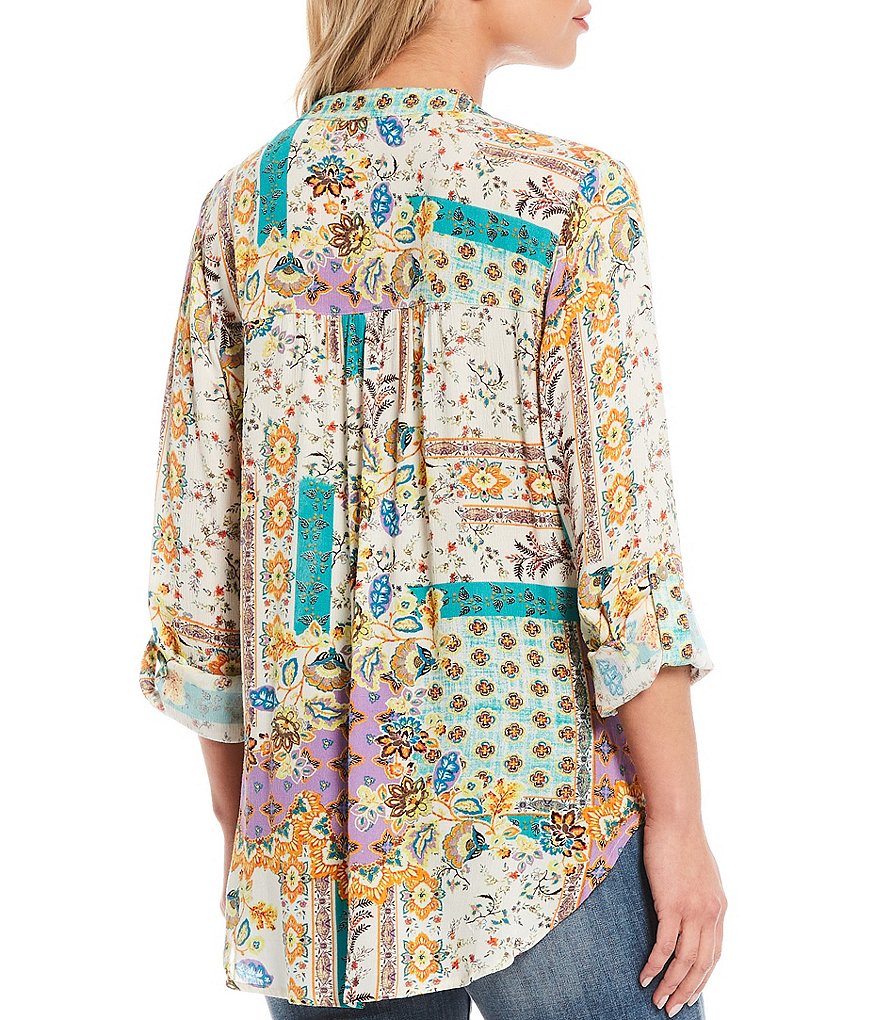 Figueroa & Flower Petite Size Roxy Patchwork Print Roll-Tab Sleeve Button Down Tie-Front Top