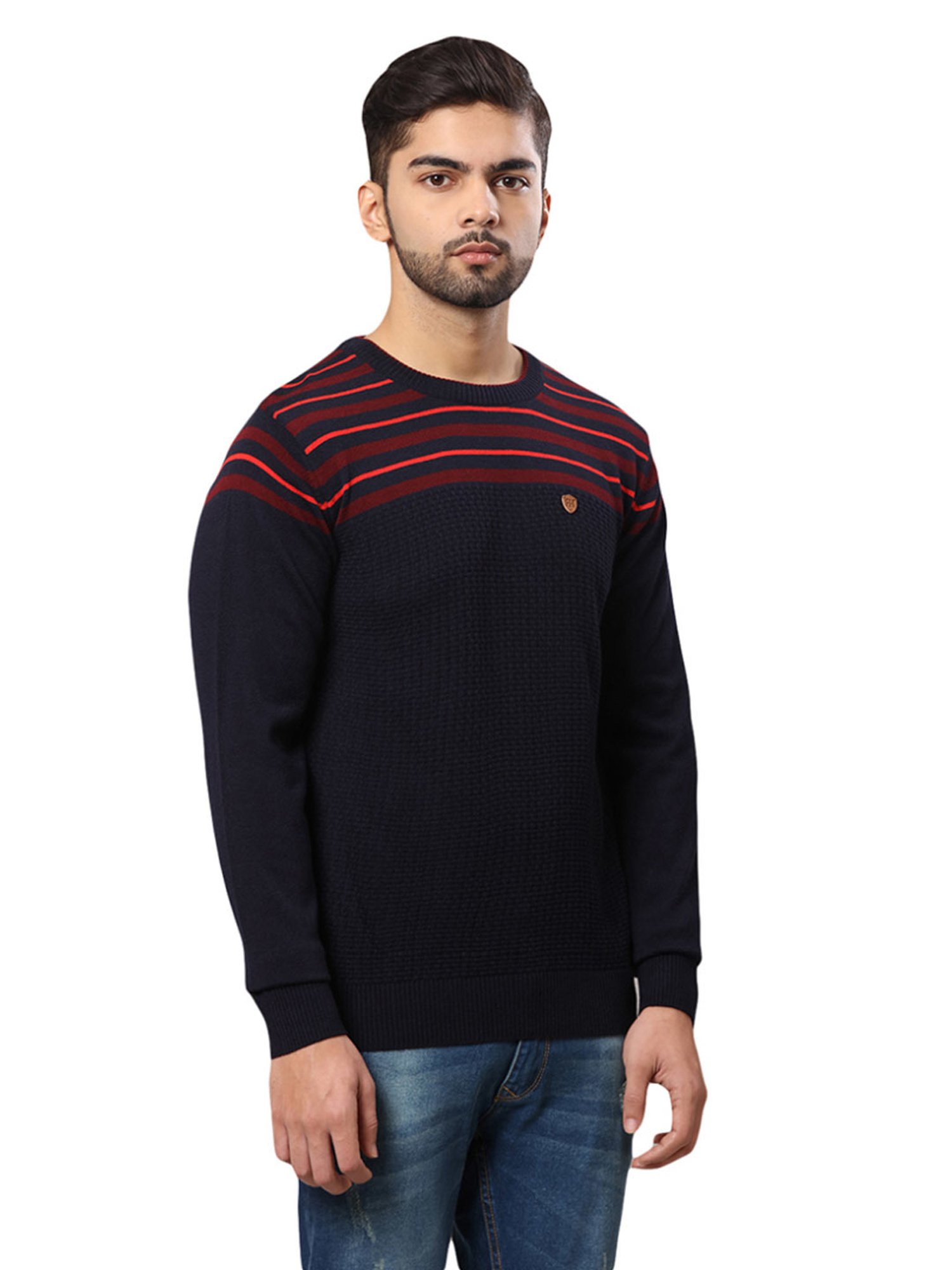 Raymond Black & Red Regular Fit Striped Sweater