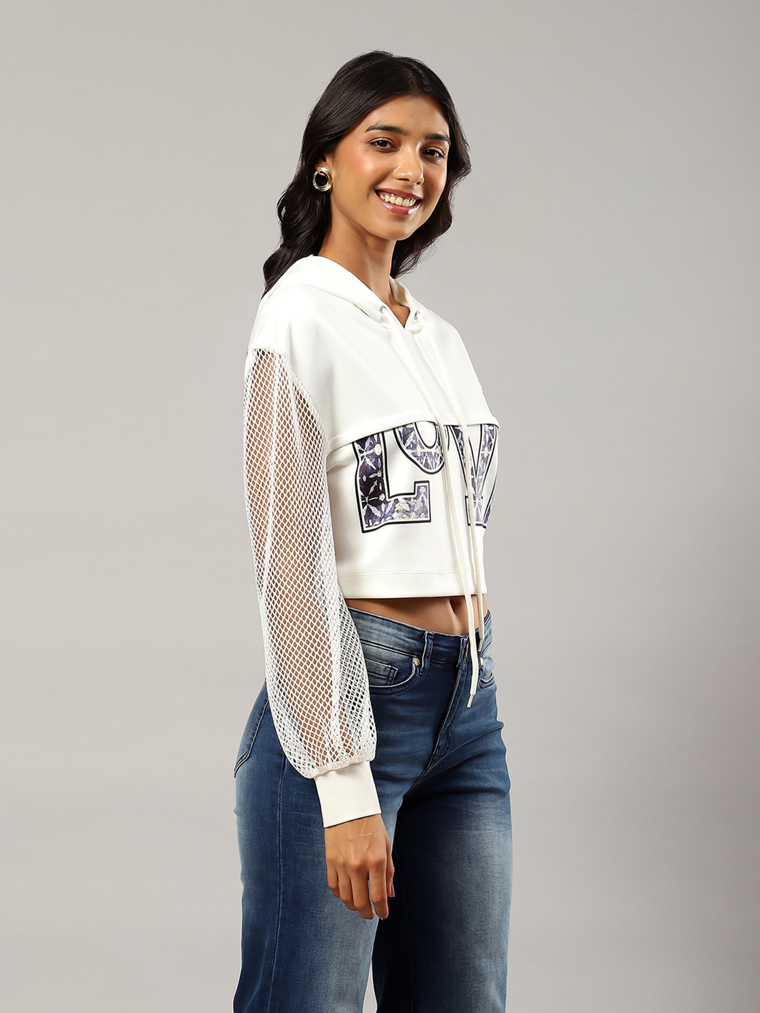 Label Ritu Kumar White & Navy Scuba Graphic Print Crop Top