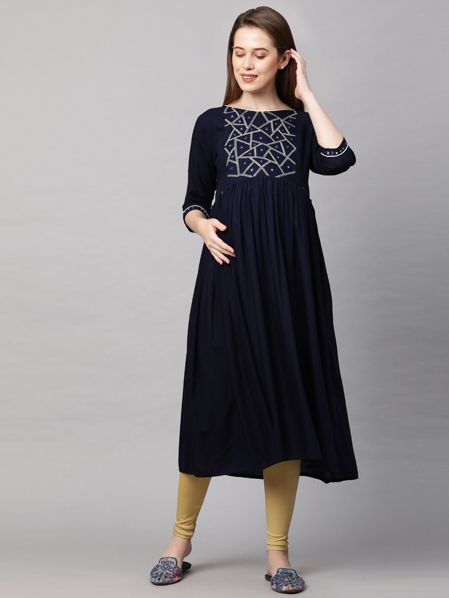 MomToBe Navy Embroidered Maternity Kurta