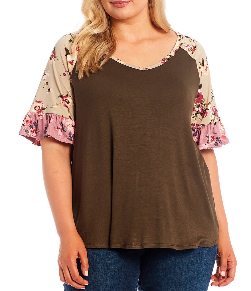 Moa Moa Plus Size Solid Wide V-Neck Floral Contrast Raglan Flutter Short Sleeve Knit Top