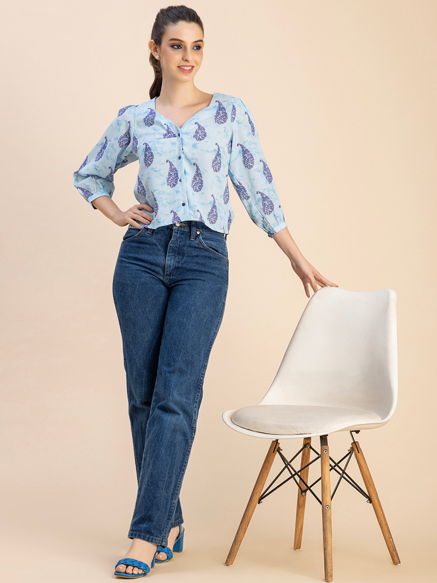 Moomaya Light Blue Printed Crop Top