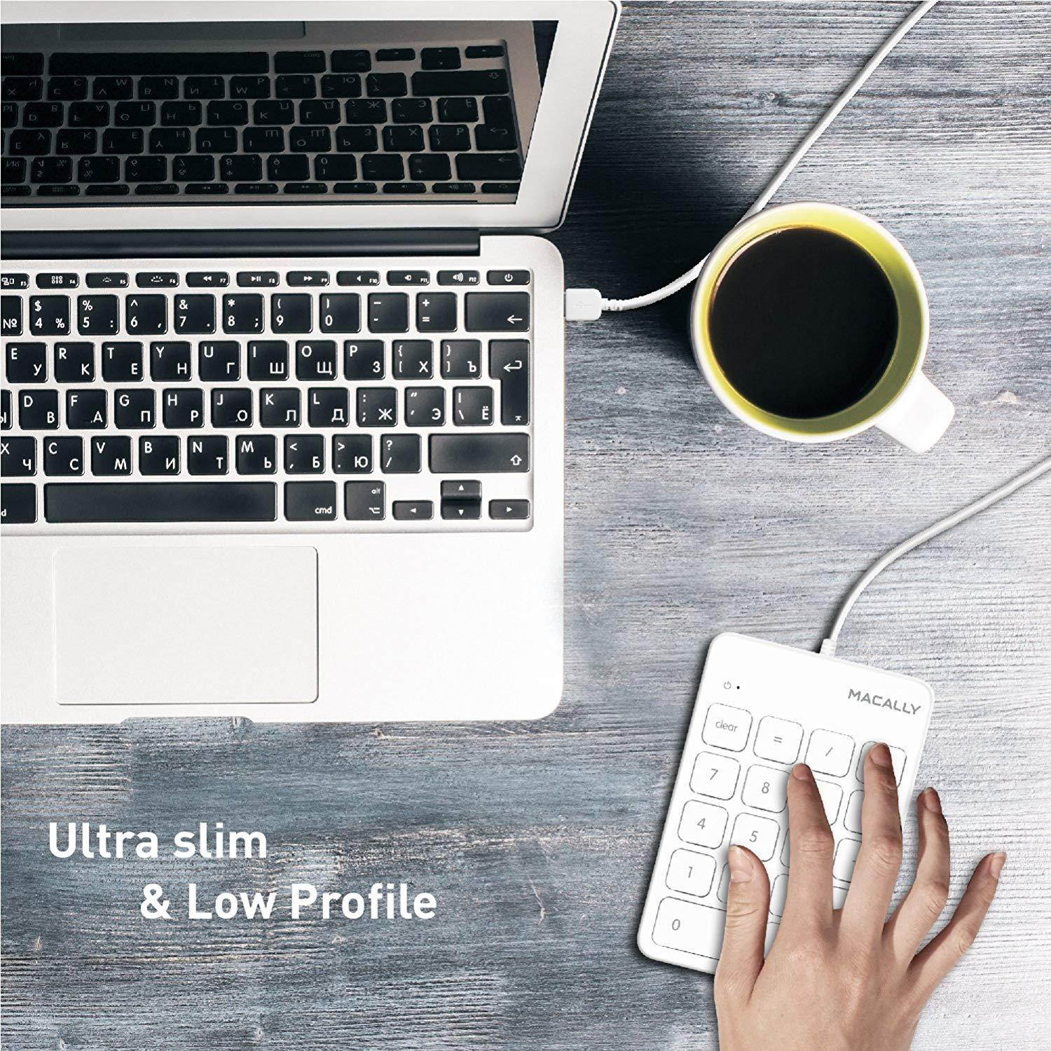 Macally Wired USB Numeric Keypad Keyboard for Laptop, Apple Mac iMac MacBook Pro/Air, Windows PC, or Desktop Computer with 5 Foot Cable & 18 Key Slim Number Pad Numerical Numpad - White (NUMKEY)