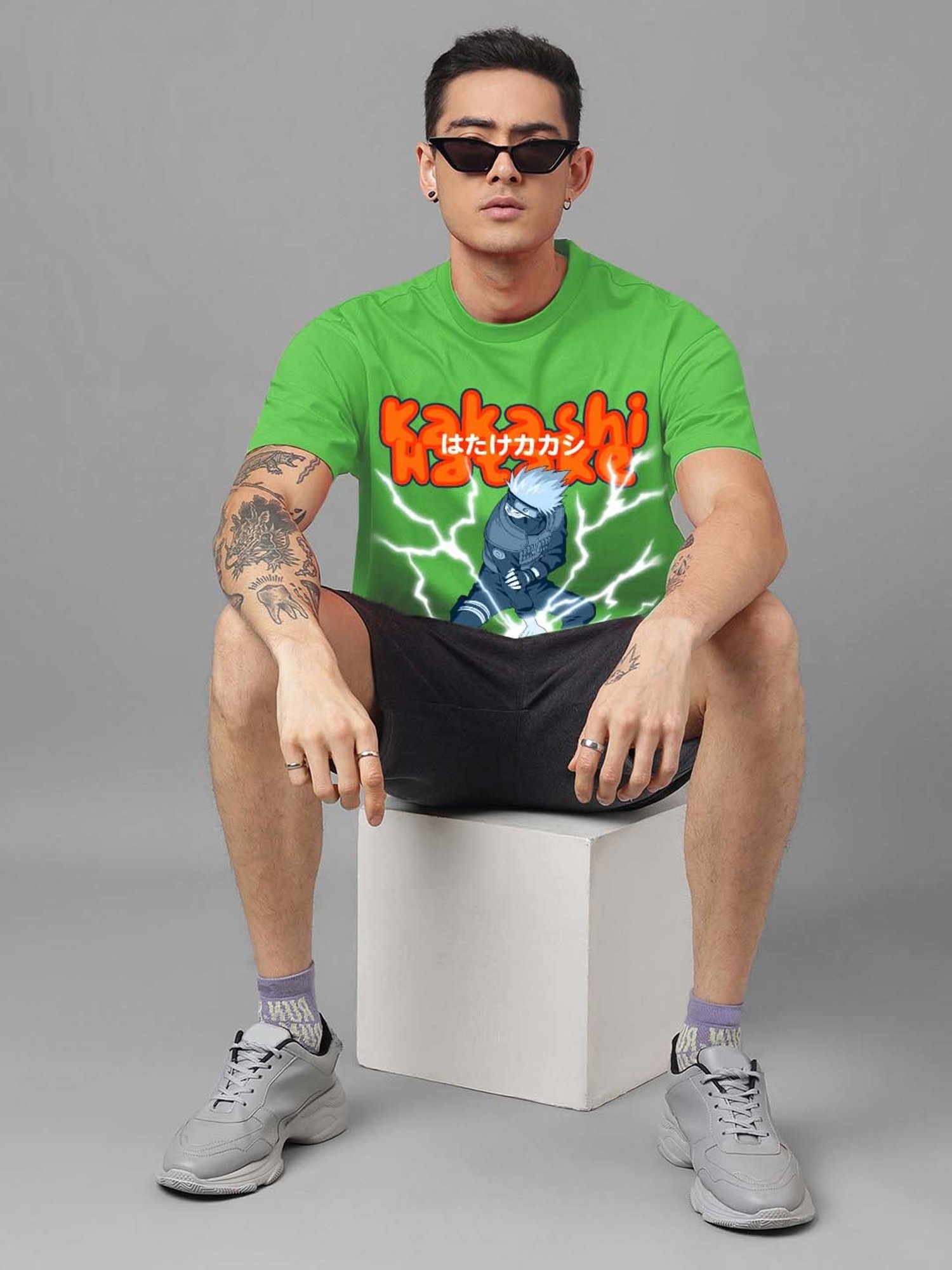 Free Authority Green Loose Fit Naruto Printed Crew T-Shirt