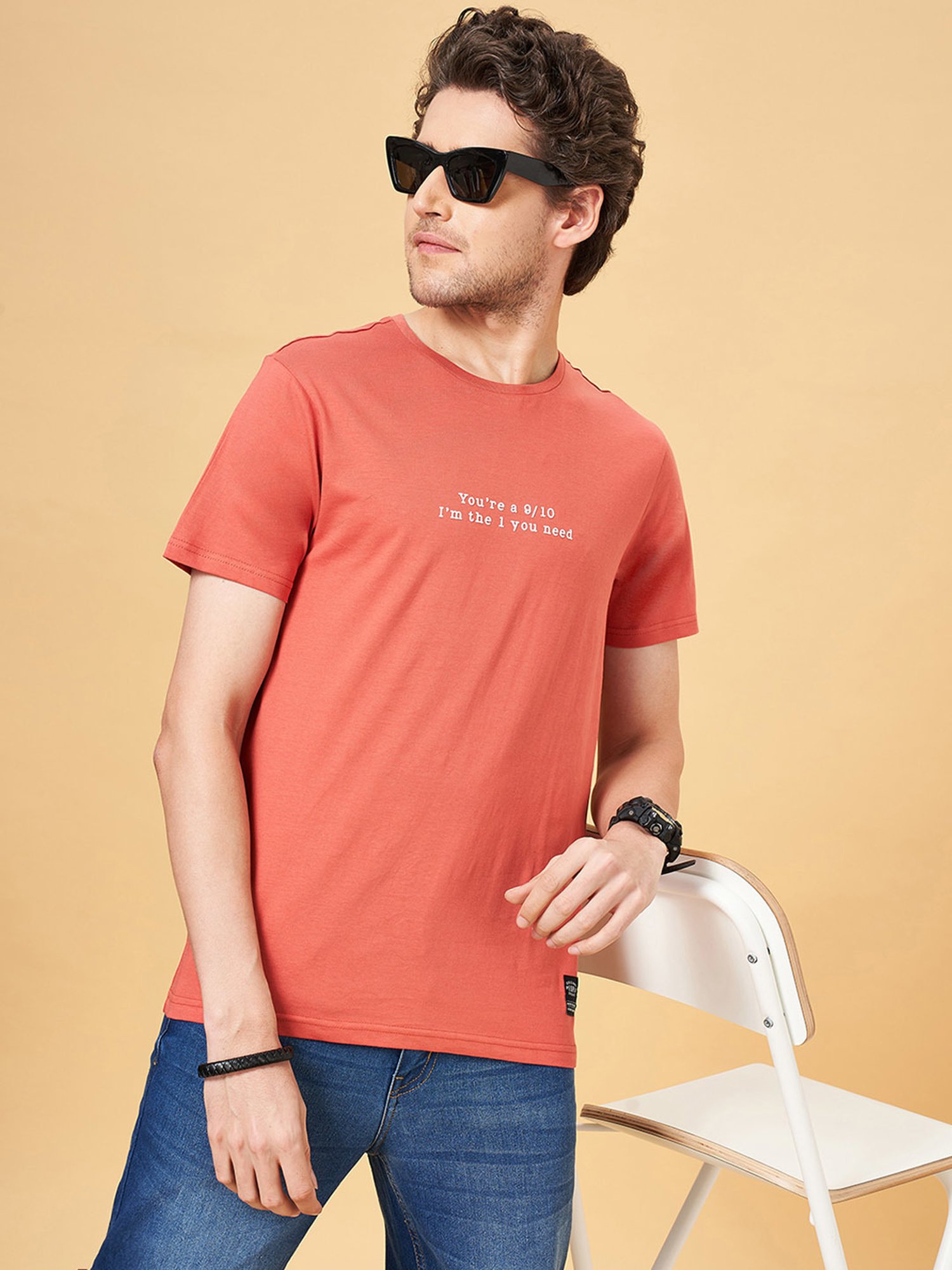 People by Pantaloons Coral Slim Fit Printed Crew T-Shirt