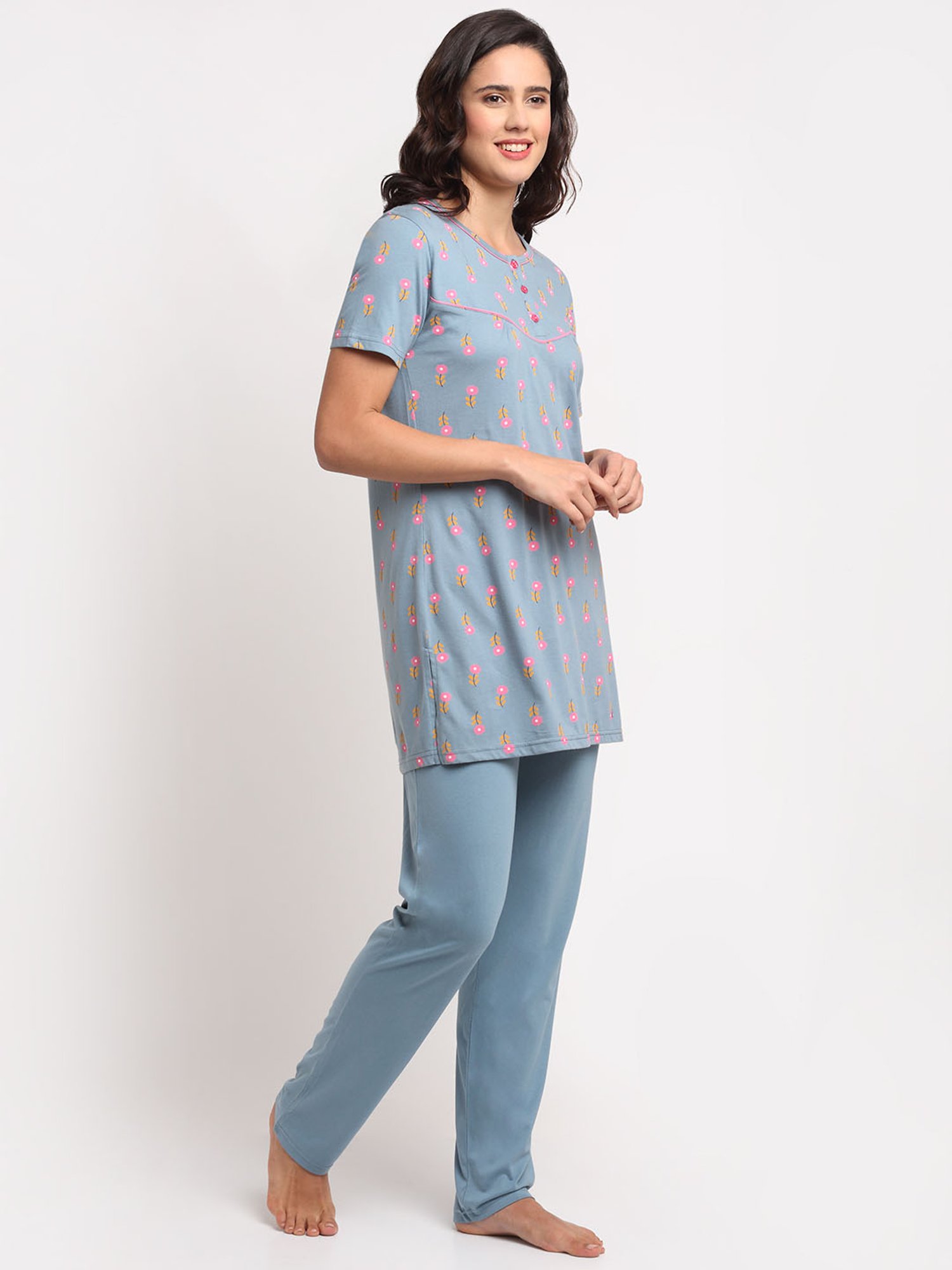 Kanvin Blue Floral Print Tunic with Pyajmas