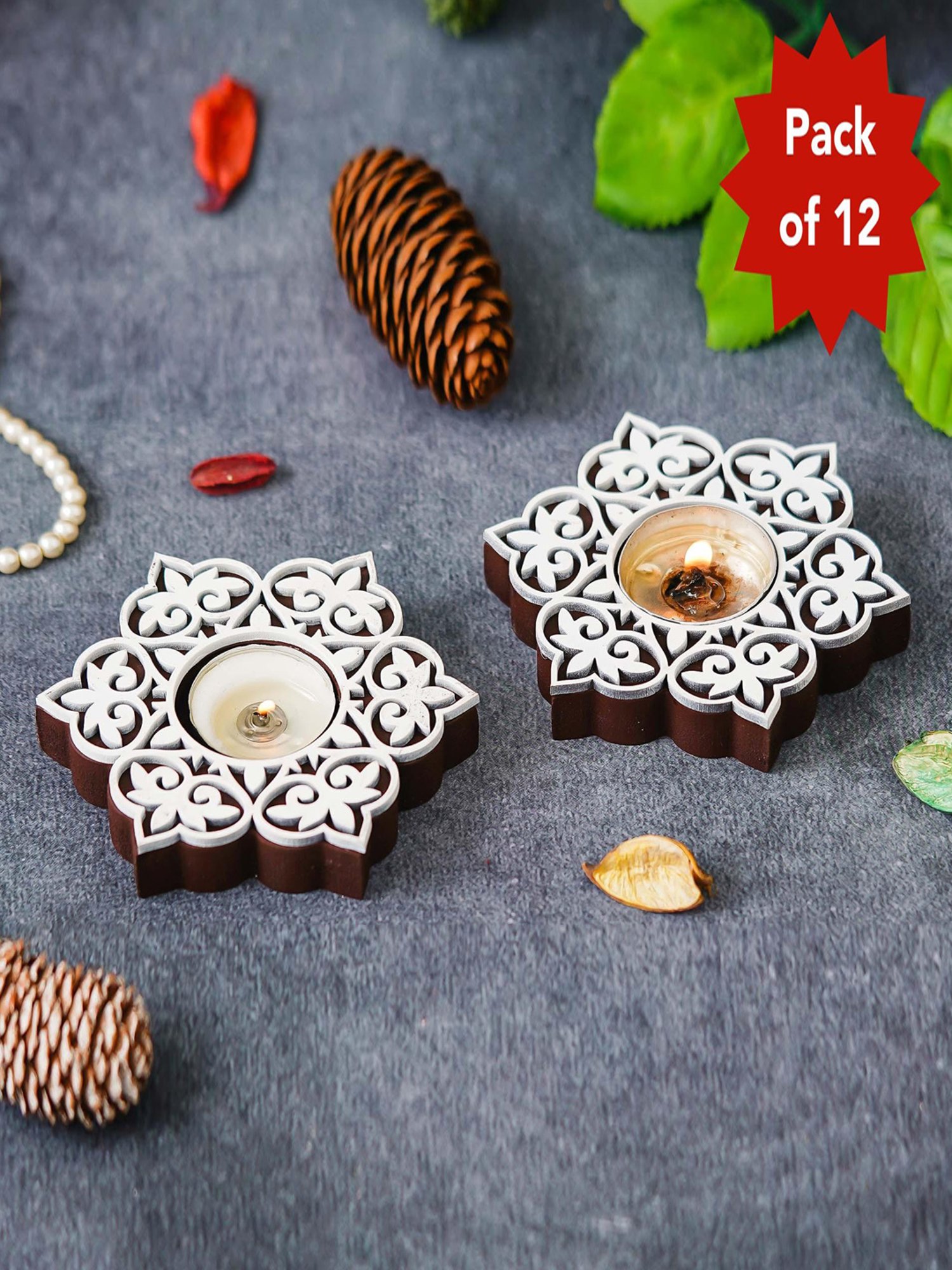 eCraftIndia Set of 12 Wooden Floral Printing Block Decorative Tea Light Candle Holder