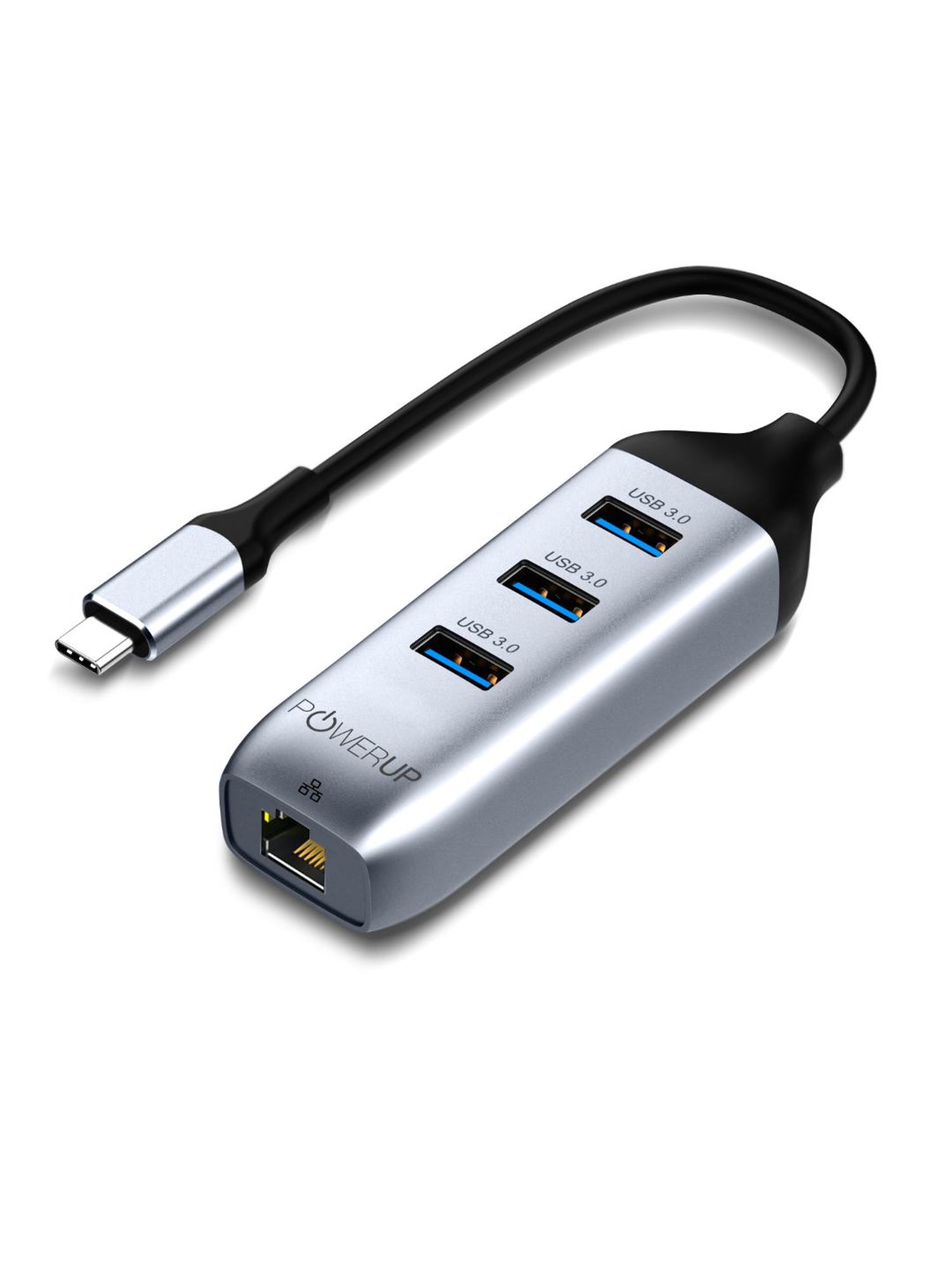 Powerup Mini Splitter USB C HUB 4 in 1 (3 USB C to Ethernet Adapter) (Gunmetal)
