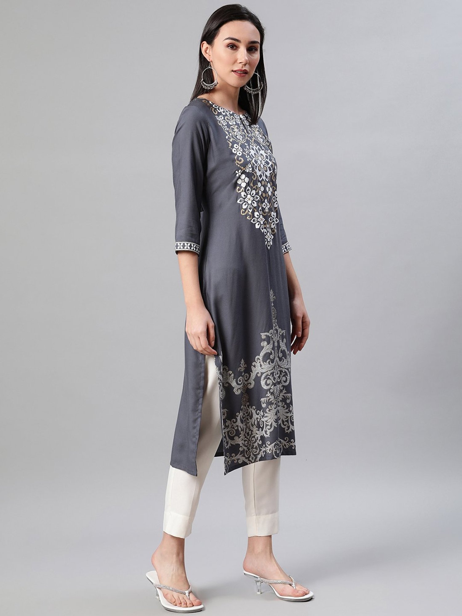 Ziyaa Grey Printed Straight Kurta