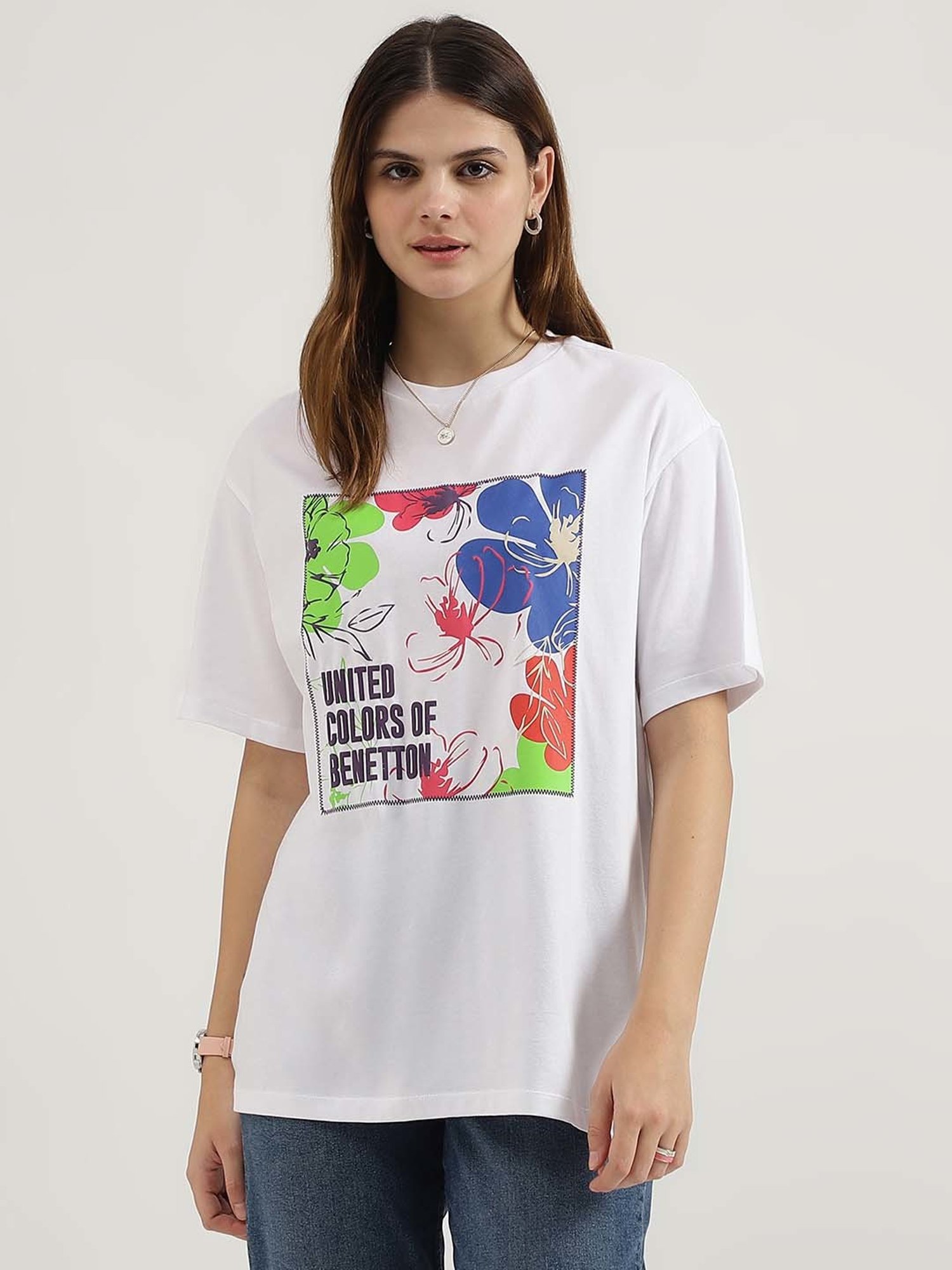 United Colors of Benetton White Cotton Printed T-Shirt