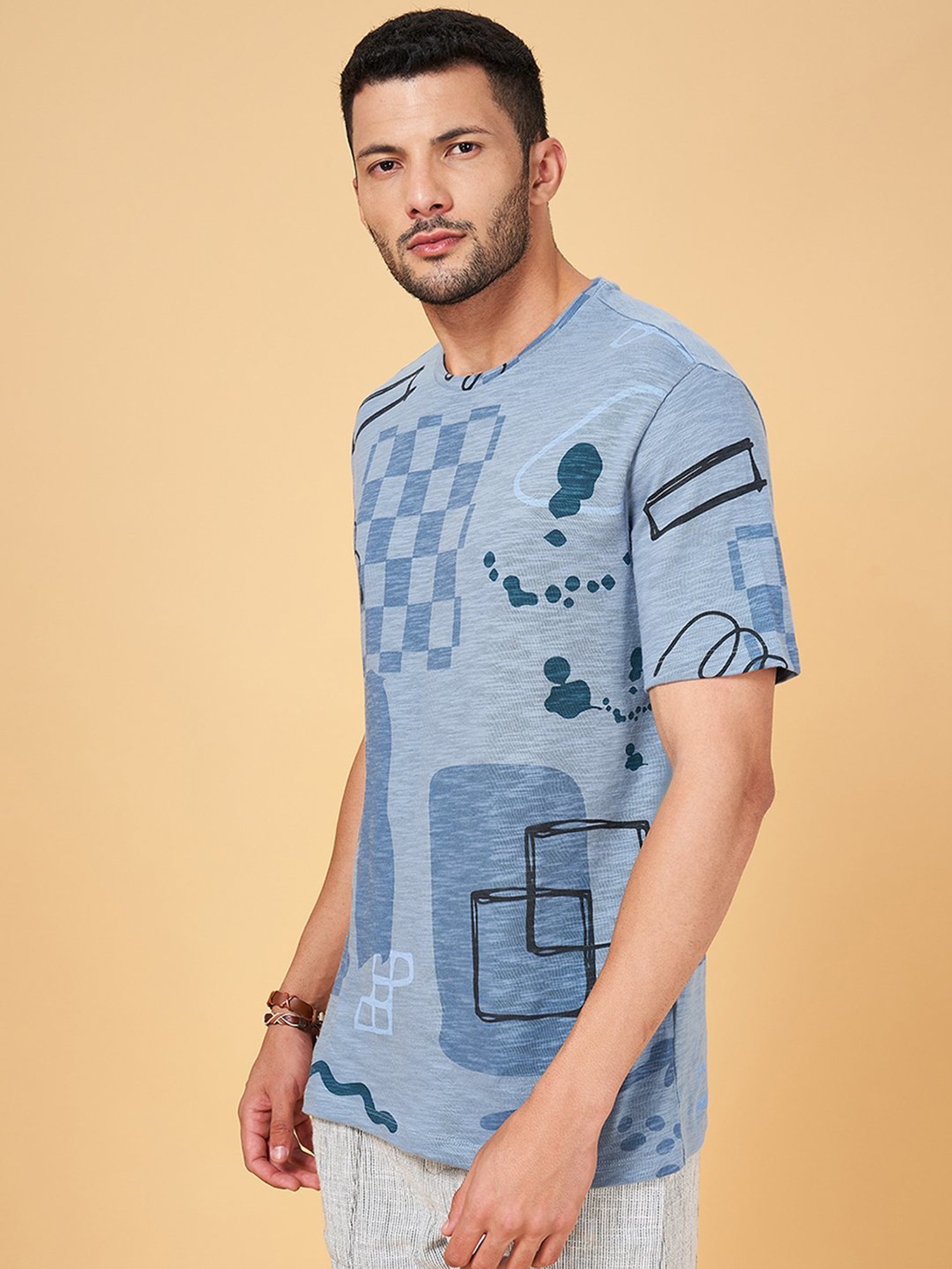 7 Alt by Pantaloons Blue Cotton Relaxed Fit Printed T-Shirt