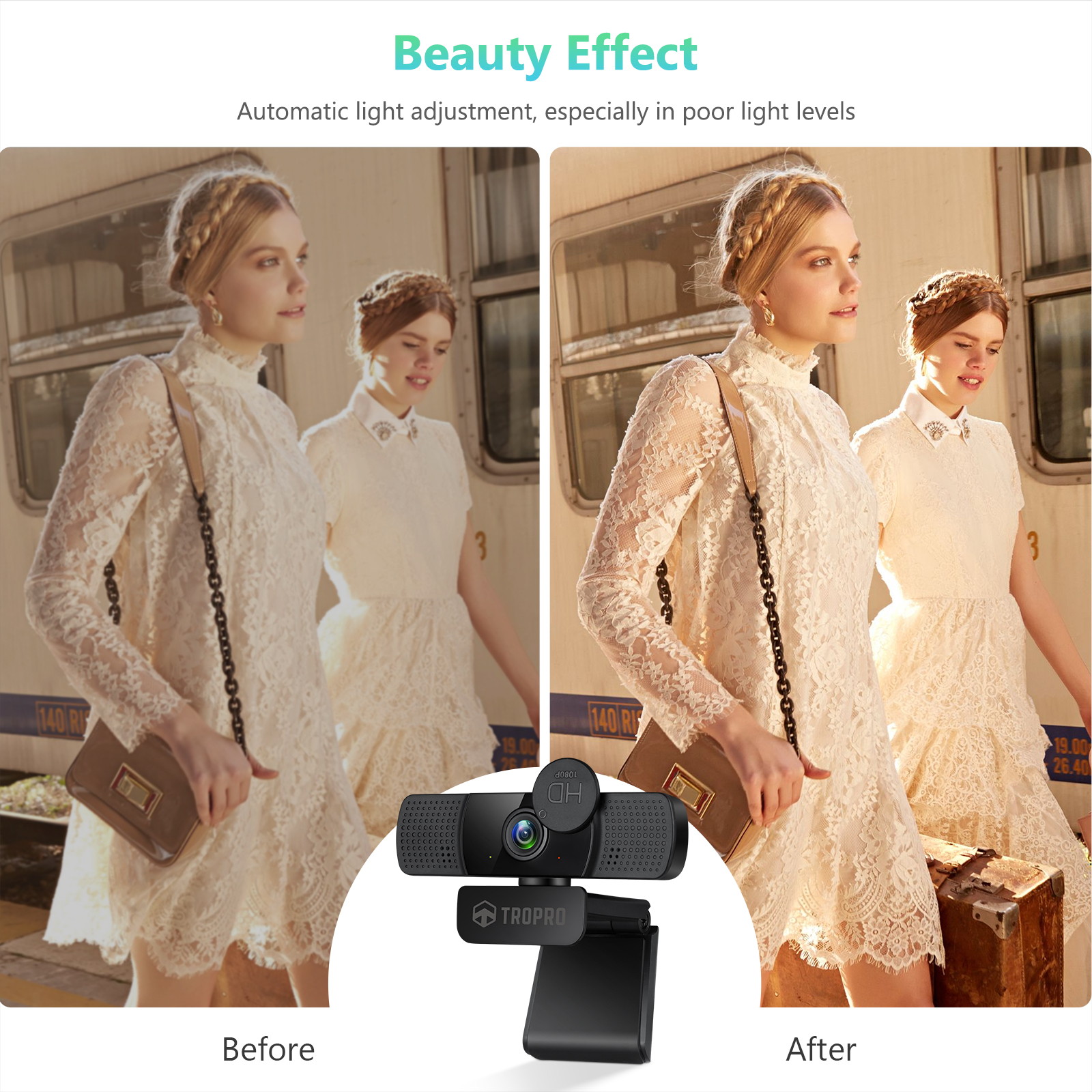 TROPRO Tw8 Webcam with Microphone, 1080P Full HD Computer Camera for PC with Cover, Expandable Tripod, USB Web Camera with Cover for Video Calls, Streaming, Skype, Zoom, Teleconference