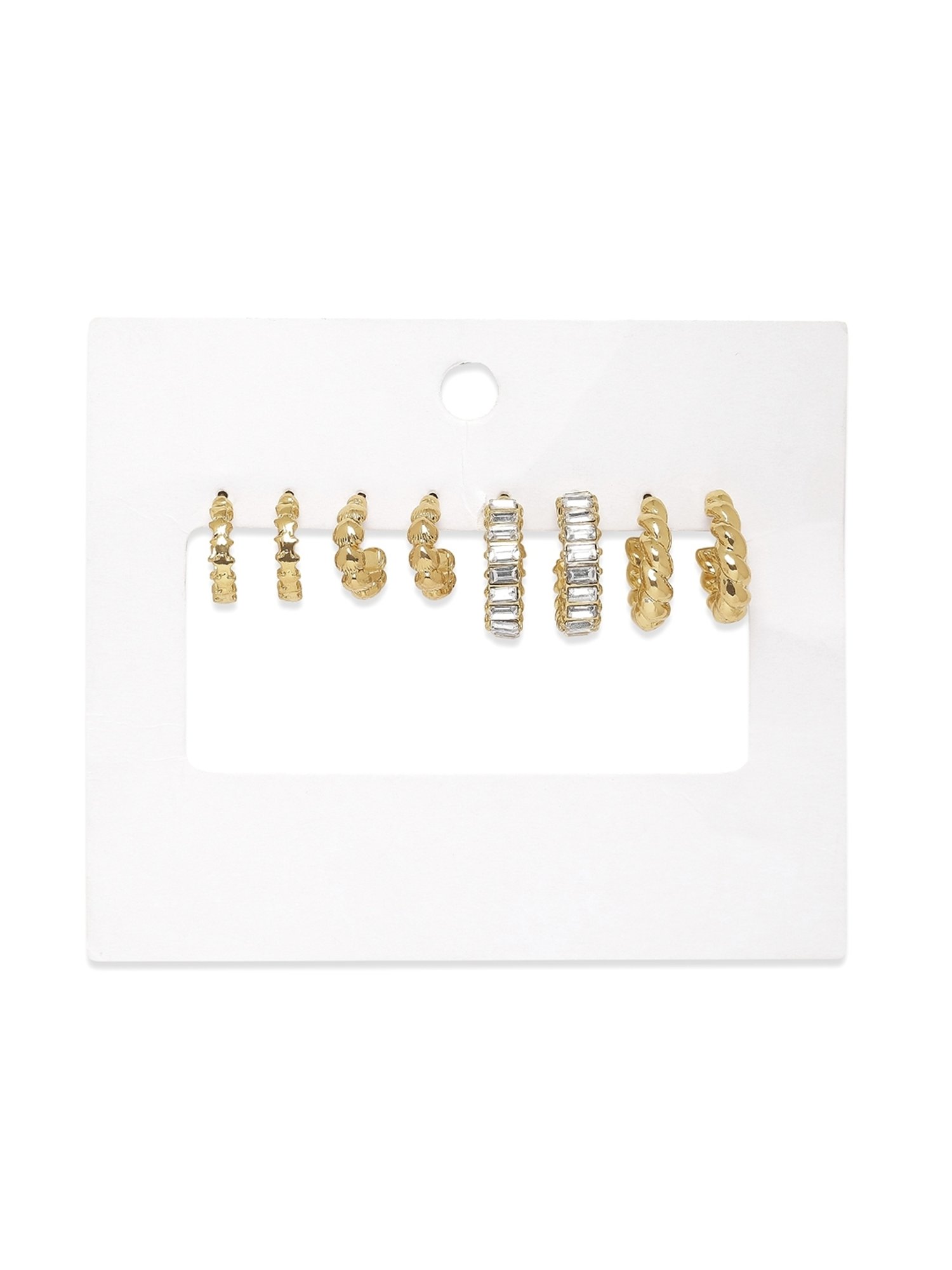 Lilly & Sparkle Gold-Toned Textured and Geometric Stone Studded Hoop Earrings - Set of 4