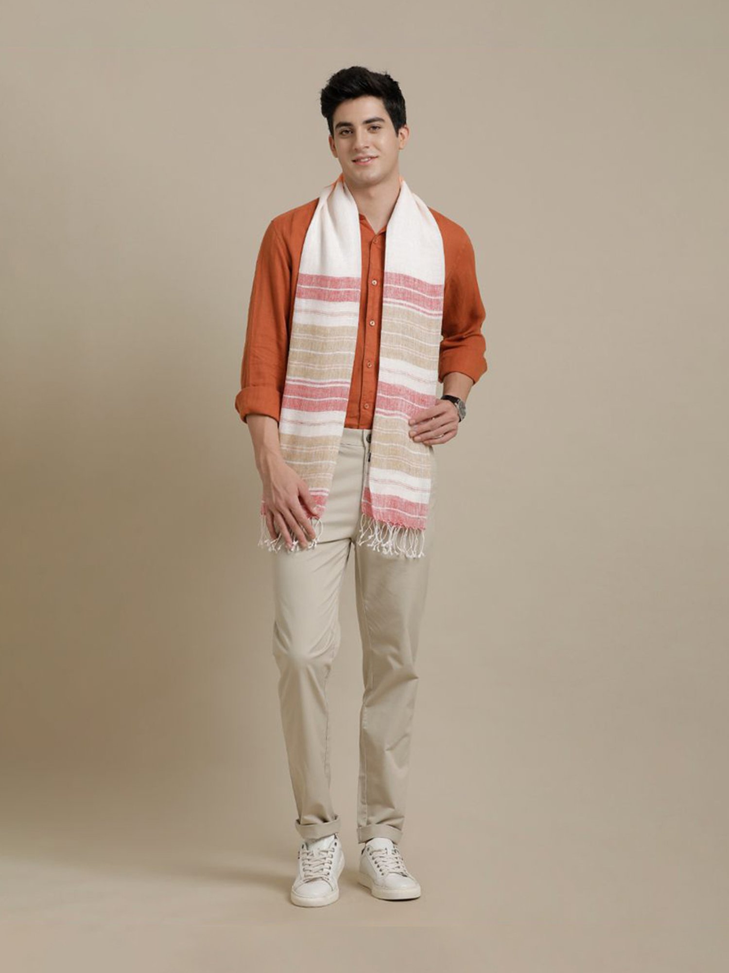 Linen Club Red Striped Pure Linen Stole