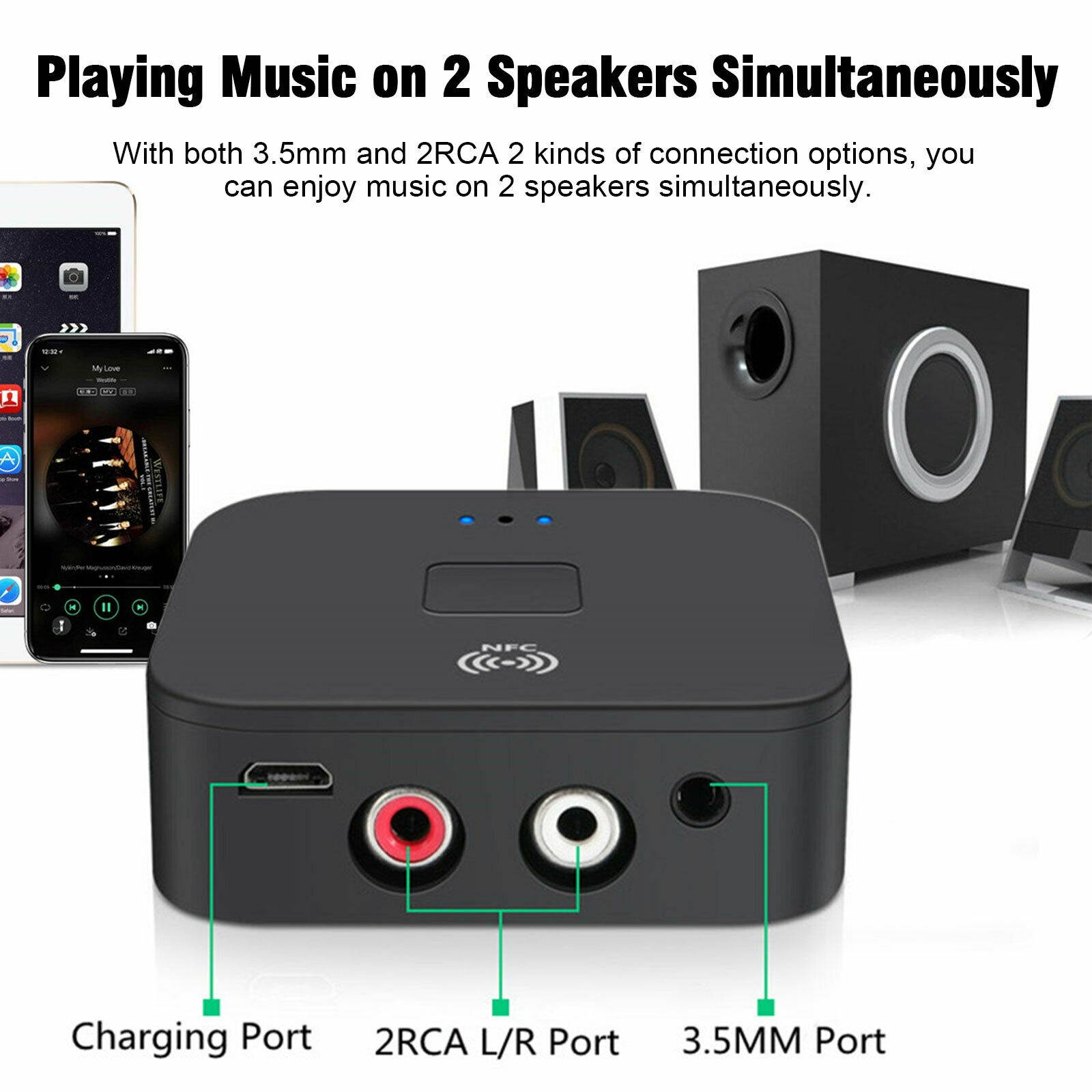 Bluetooth 5.0 Receiver Wireless 3.5mm Jack AUX NFC to 2 RCA Audio Stereo Adapter