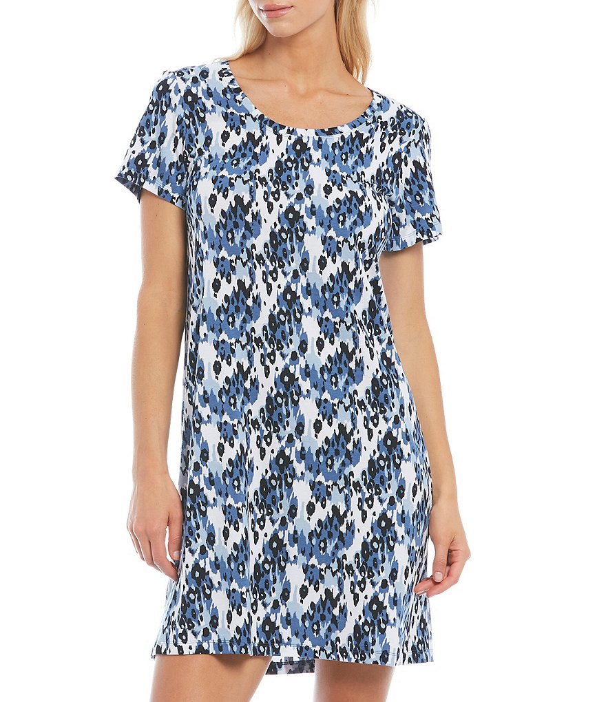 HUEtique Leopard Print Round Neck Short Sleeve Knit Sleepshirt