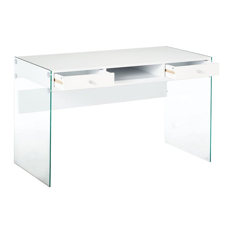 Coaster Home Furniture Dobrev 2 Drawer Glossy Office Writing Study Desk Laptop Table with 2 Storage Drawers and Silver Hardware Finish, White & Clear