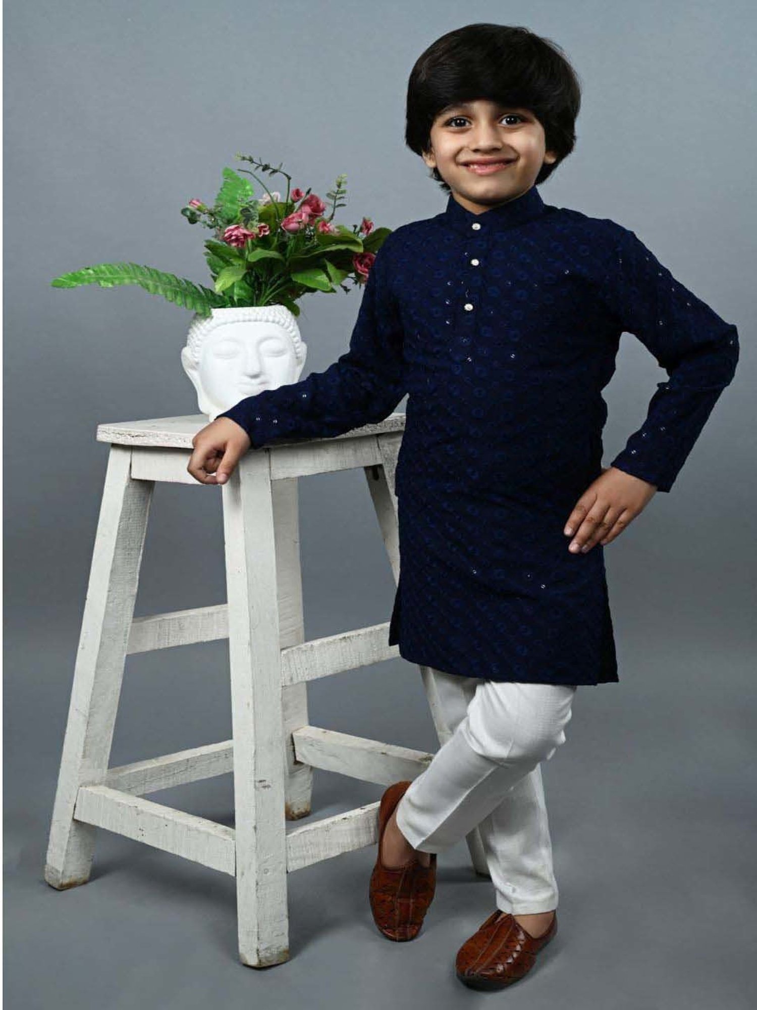 Ahhaaaa Kids Blue & White Cotton Embroidered Full Sleeves Kurta Set