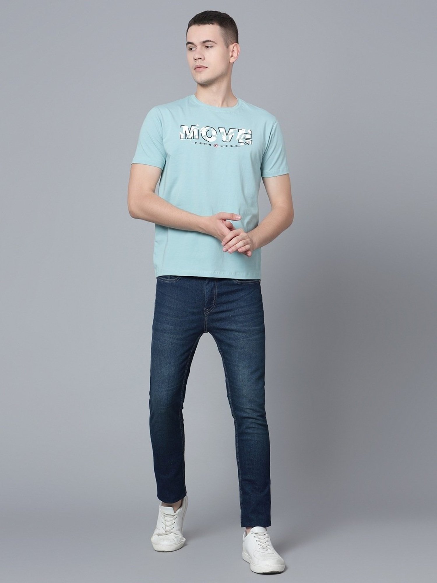 Cantabil Light Teal Cotton Regular Fit Printed T-Shirt