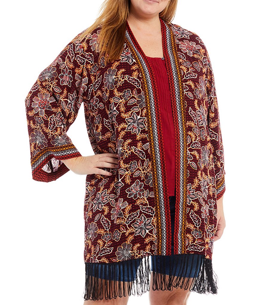 Jessica Simpson Plus Size JJ Red Dahlia Moroccan Border Print Fringe Hem Kimono Jacket