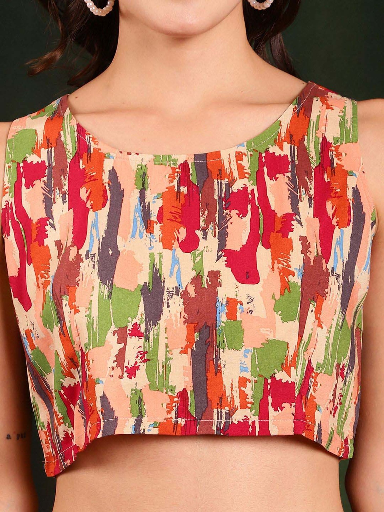 Claura Red Printed Crop Top Pants Set With Jacket