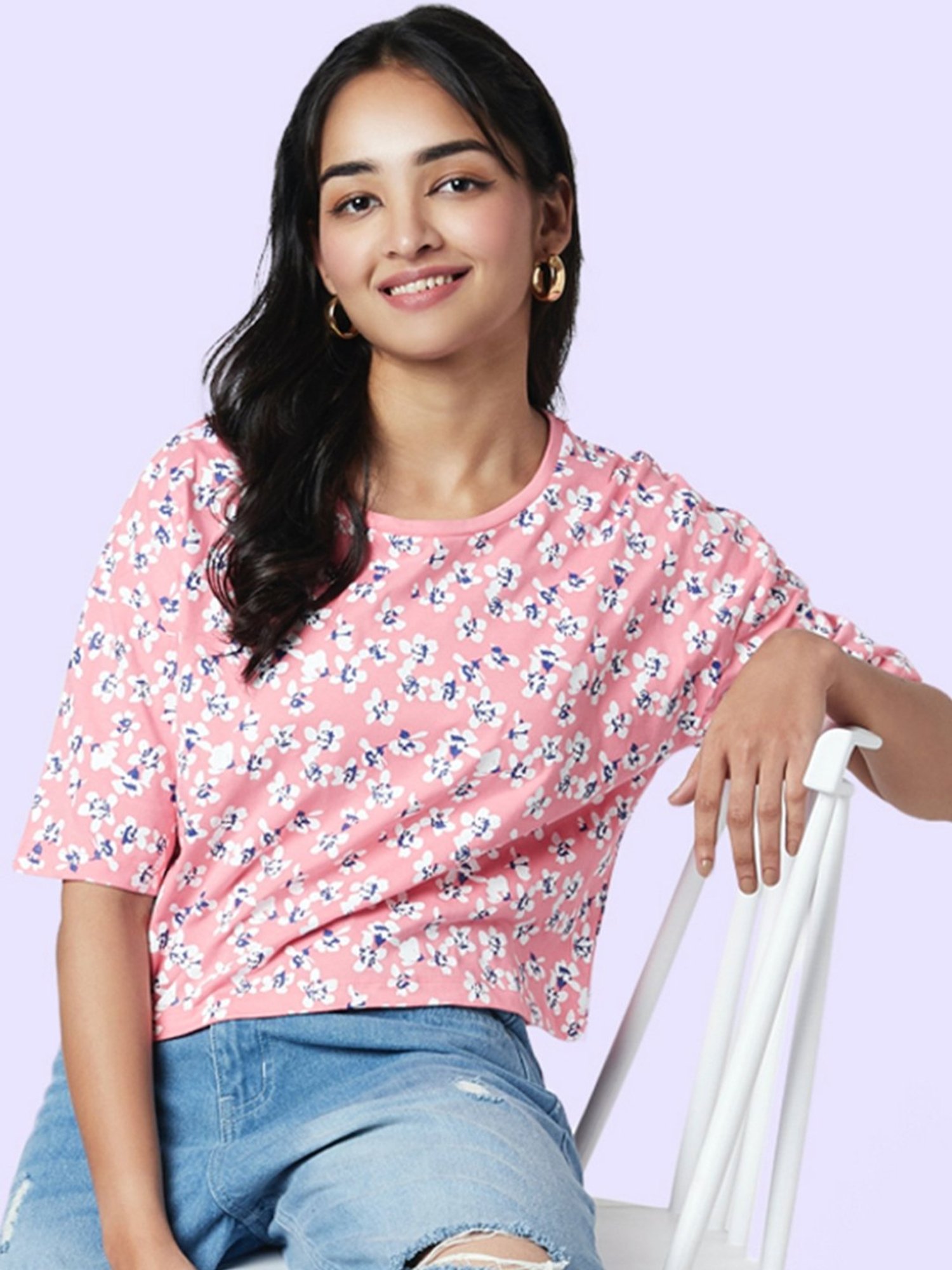 YU by Pantaloons Pink Cotton Printed Top