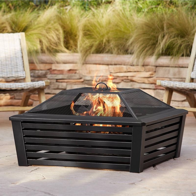 John Timberland Black Outdoor Fire Pit Square 35" Steel Metal Mesh Wood Burning with Spark Screen and Fire Poker for Outside Backyard Patio Camping