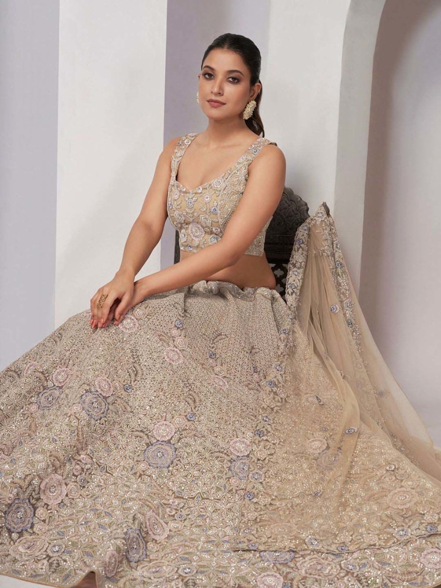 Odette Beige Embroidered Semi-Stitched Lehenga Choli Set with Dupatta