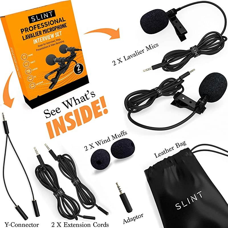 Lapel Microphone 2 Pack Bundle Professional Omnidirectional Mic with Clipon Lapel Mic Compatible with iPhone Samsung Android GoPro DSLR Lapel Microphone for YouTube