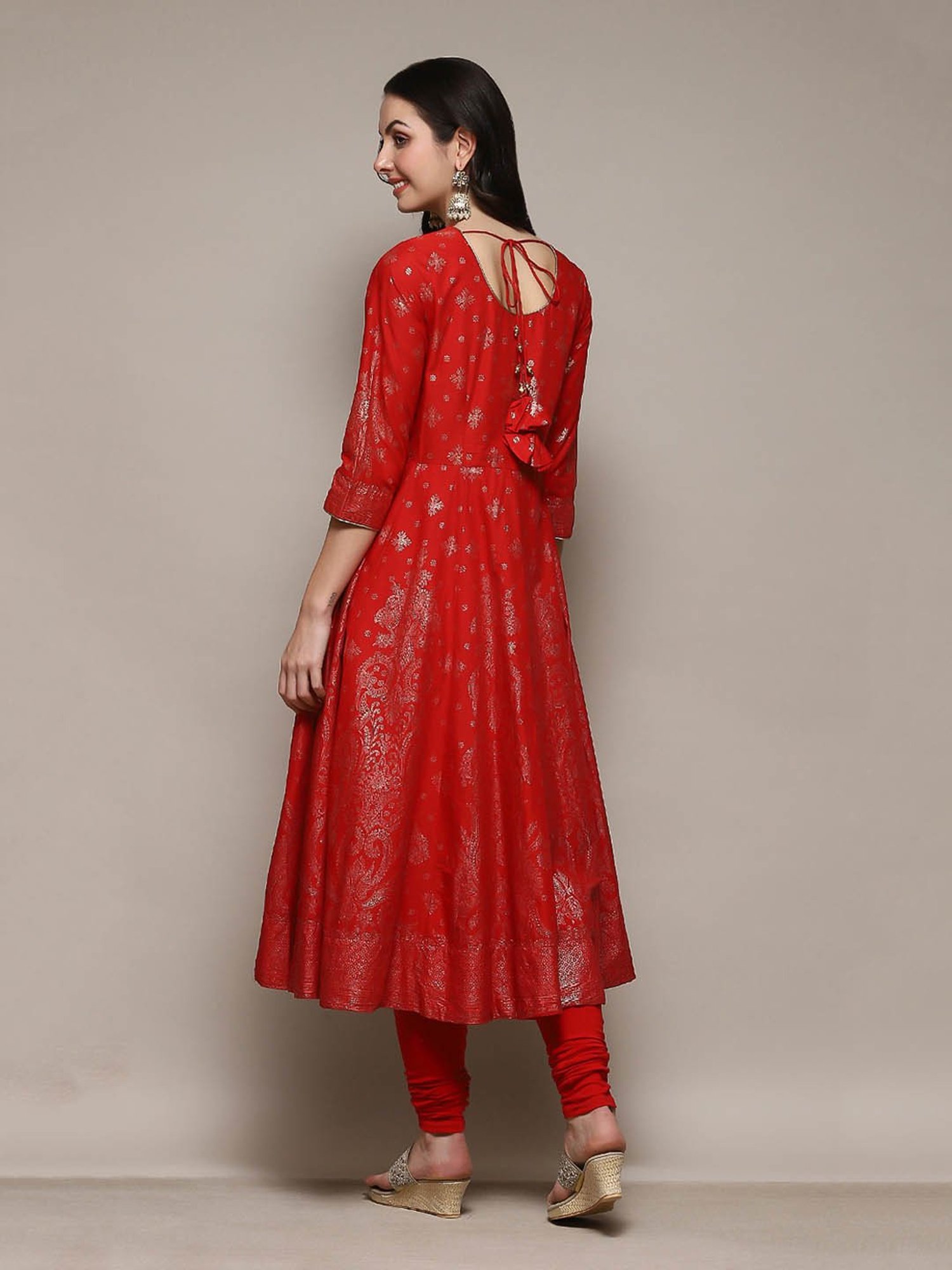 Biba Red Cotton Printed Anarkali Kurta With Churidar & Dupatta