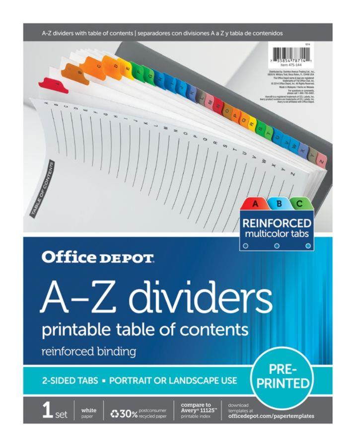 Office Depot Table Of Contents Customizable Index With Preprinted Tabs, Assorted Colors, A-Z, 14706