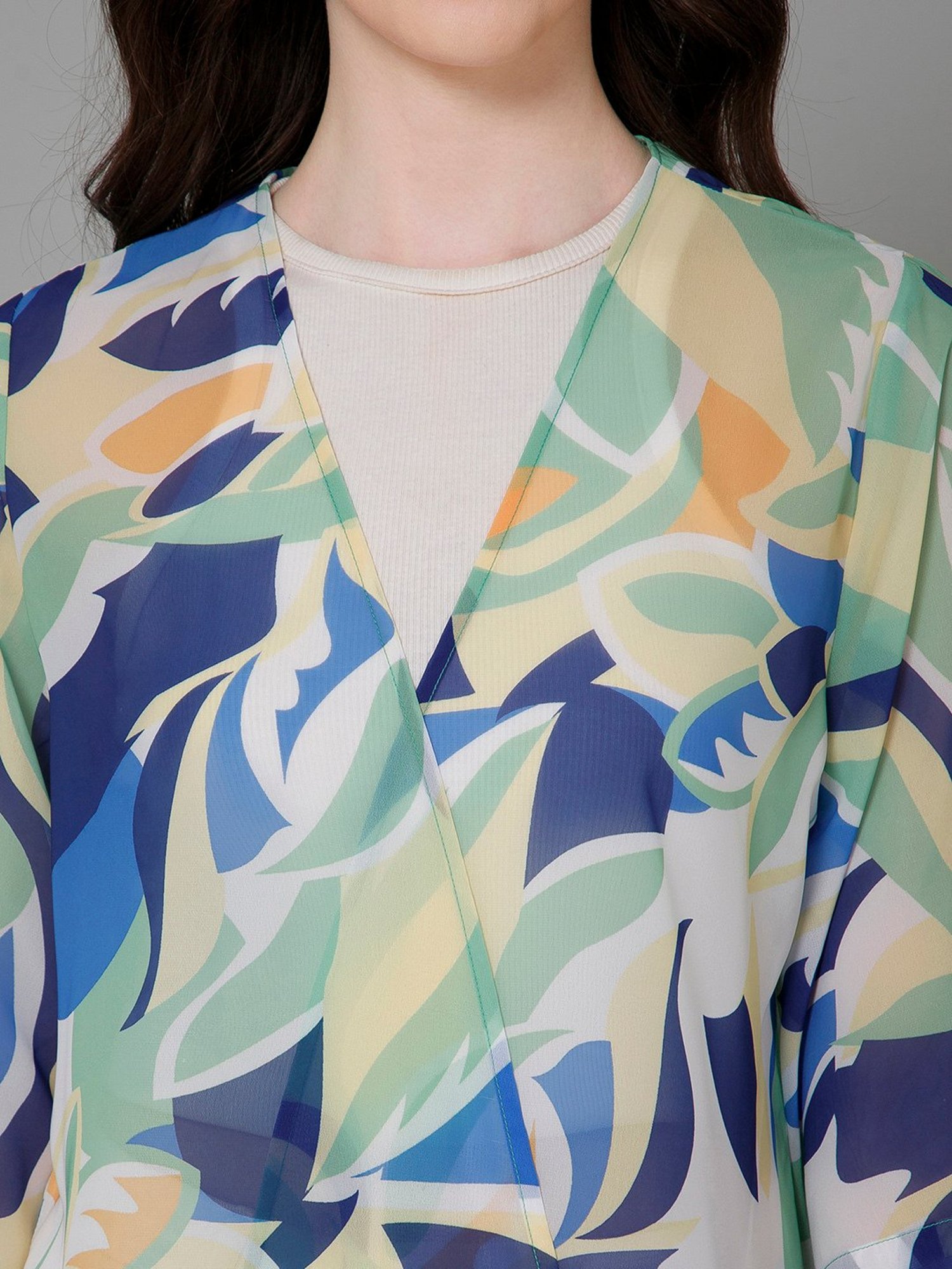 PURYS White & Green Printed Kimono