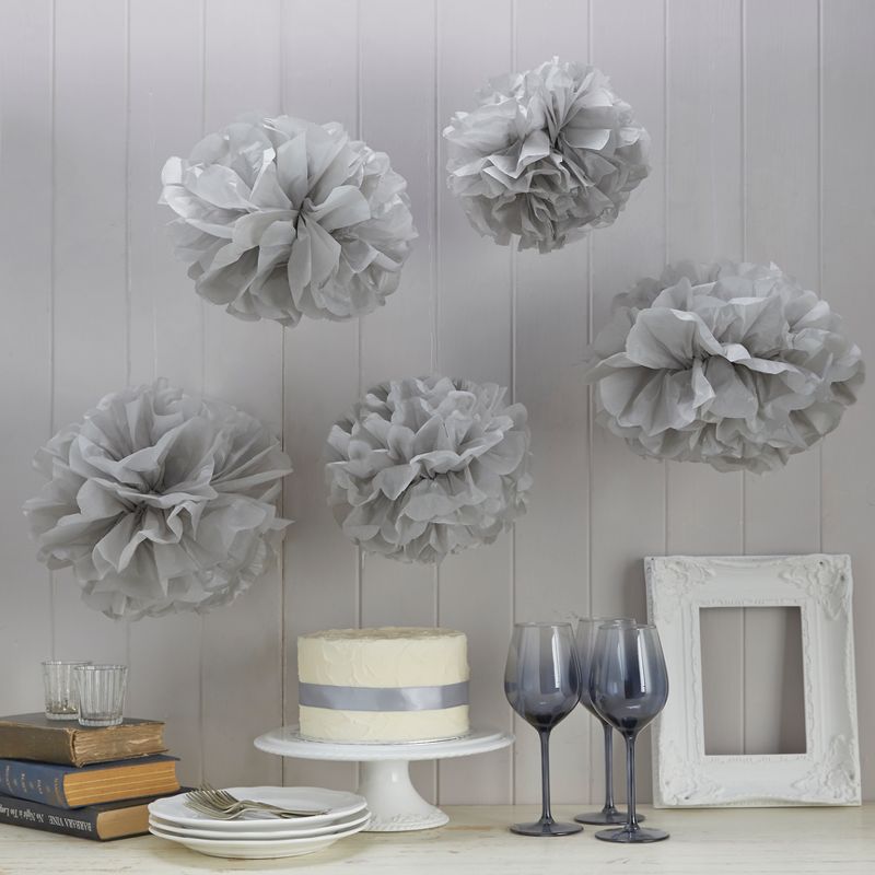 5ct Vintage Lace Pom Pom Tissue Paper Gray