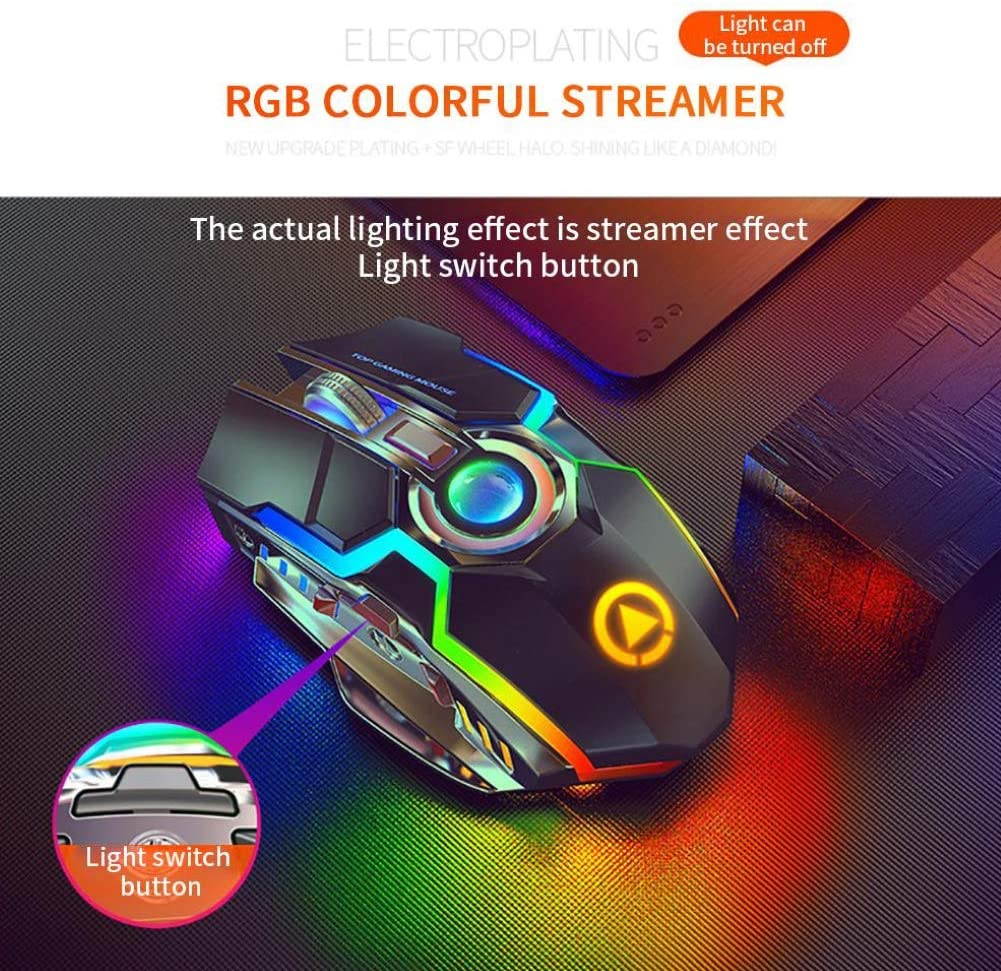 CUUWE Wireless Gaming Mouse2.4G, A5 Ergonomic RGB Backlit 7 Buttons 1600DPI Rechargeable Silent Cordless Mouse for PC Laptop