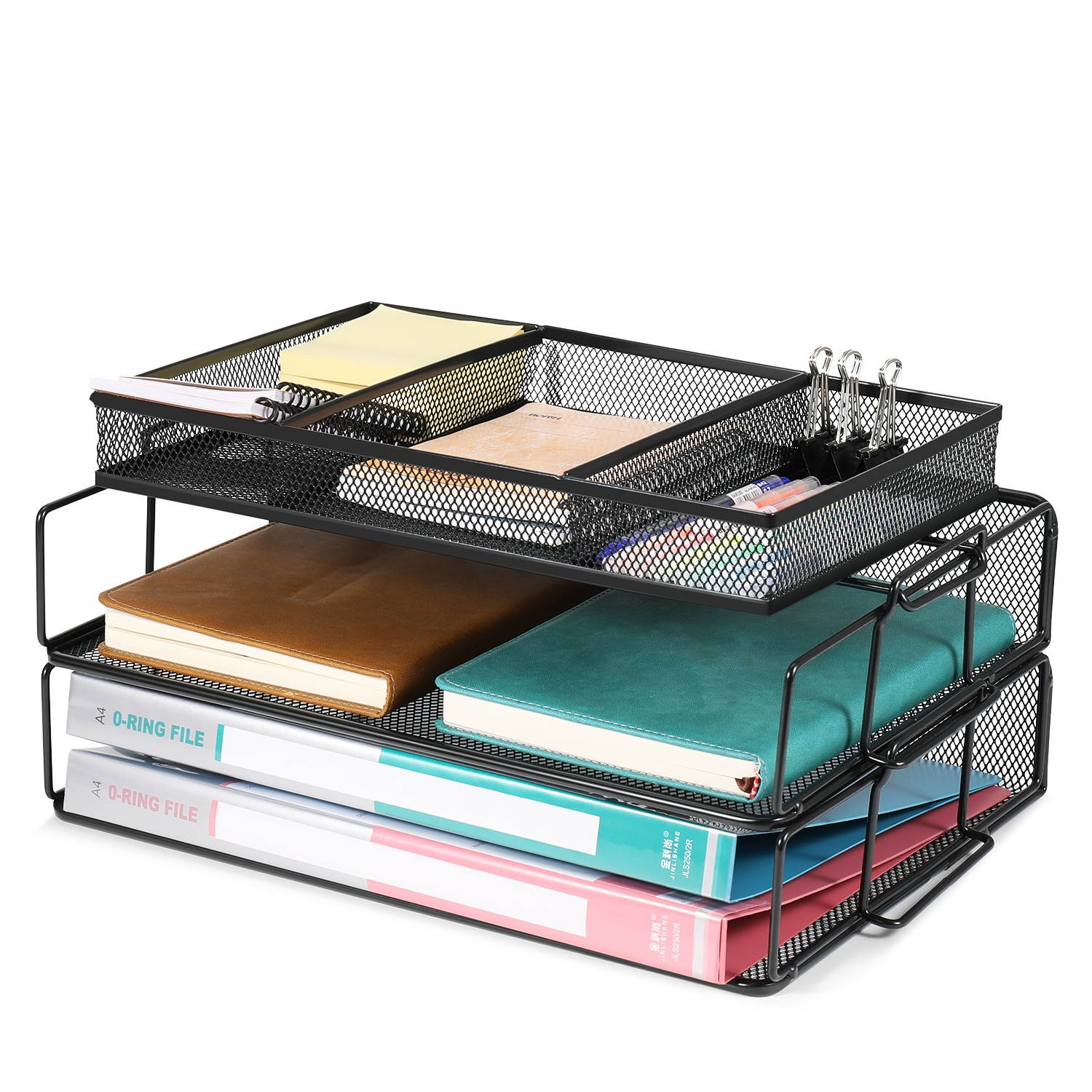 Desk Organizer Stackable Letter File Document Paper Tray - 2 Tier Mesh Metal Holder Storage Shelf Sorter for Office and Home (Black)