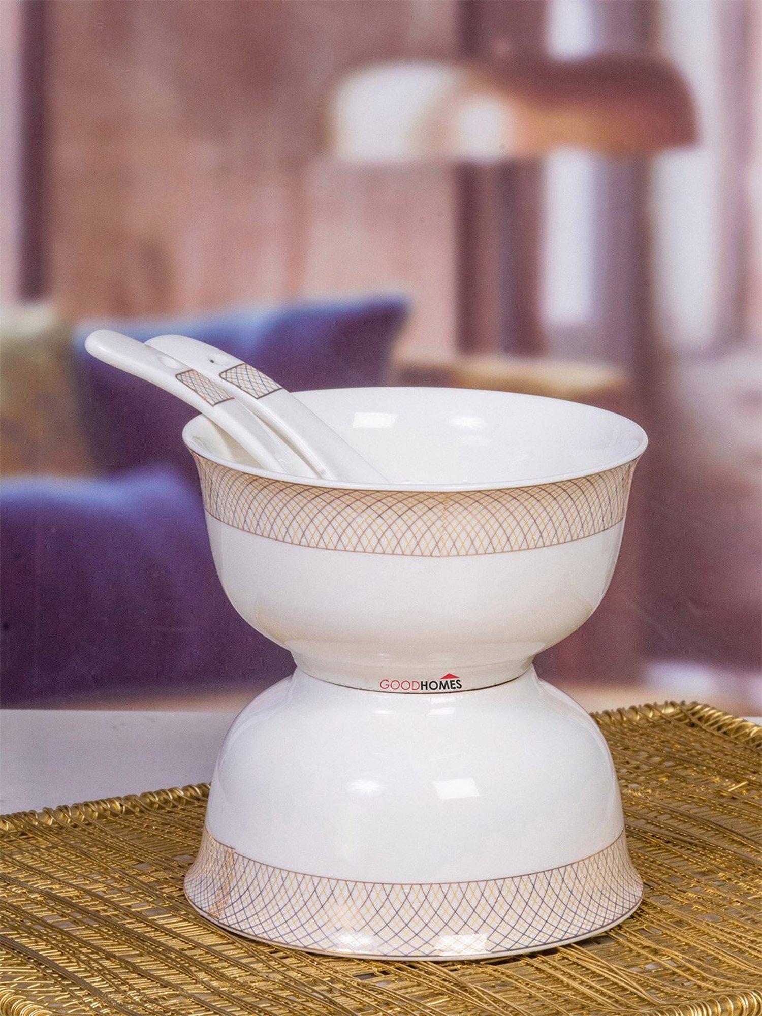 Goodhomes White Porcelain Soup Bowl with Spoon - Set of 6 (280ml)
