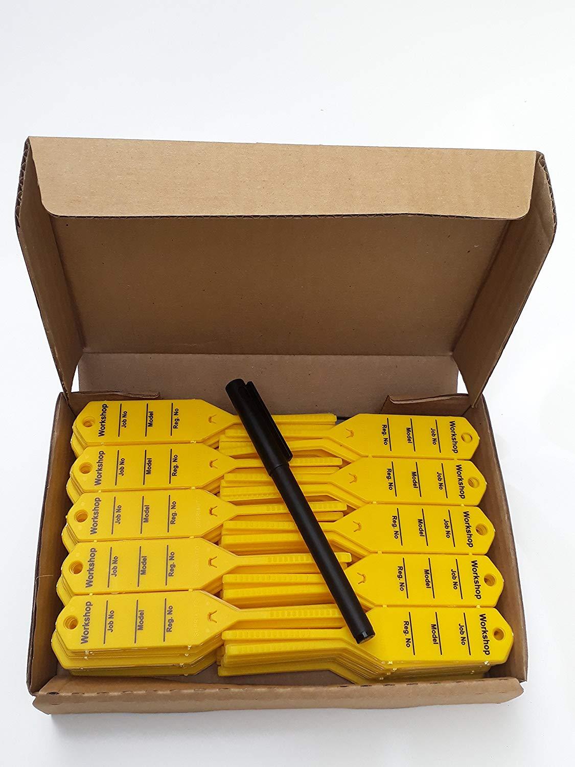 Mechanic Service Auto Key Tags - Yellow self Locking Car Key Tags Made of Waterproof Plastic | Box of 300 Auto Tags | NO Folding, NO Key Rings, NO Laminated Key Tags Necessary | Pen Included