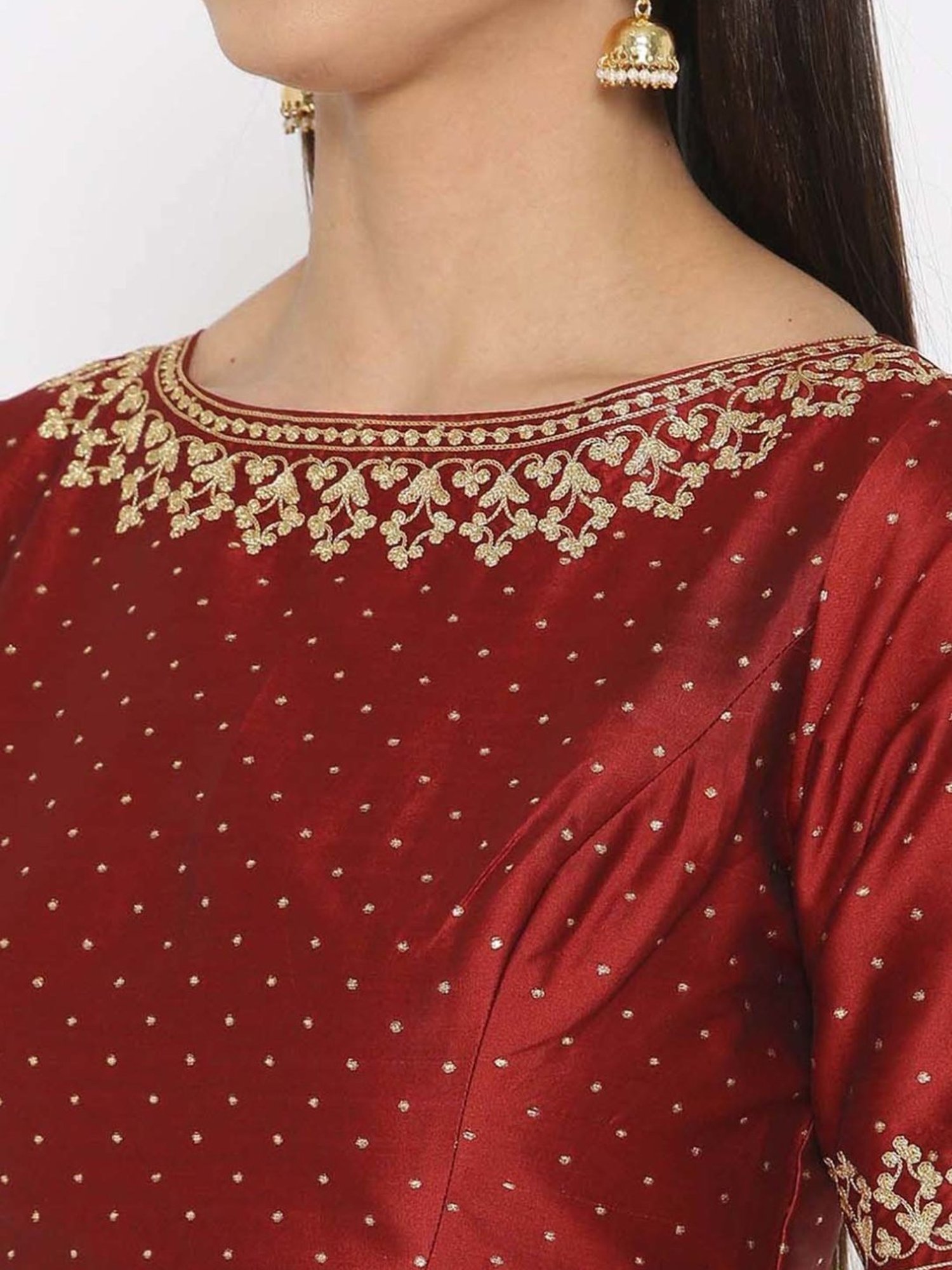 Kaanchie Nanggia Maroon Silk Blend Embroidered Stitched Blouse