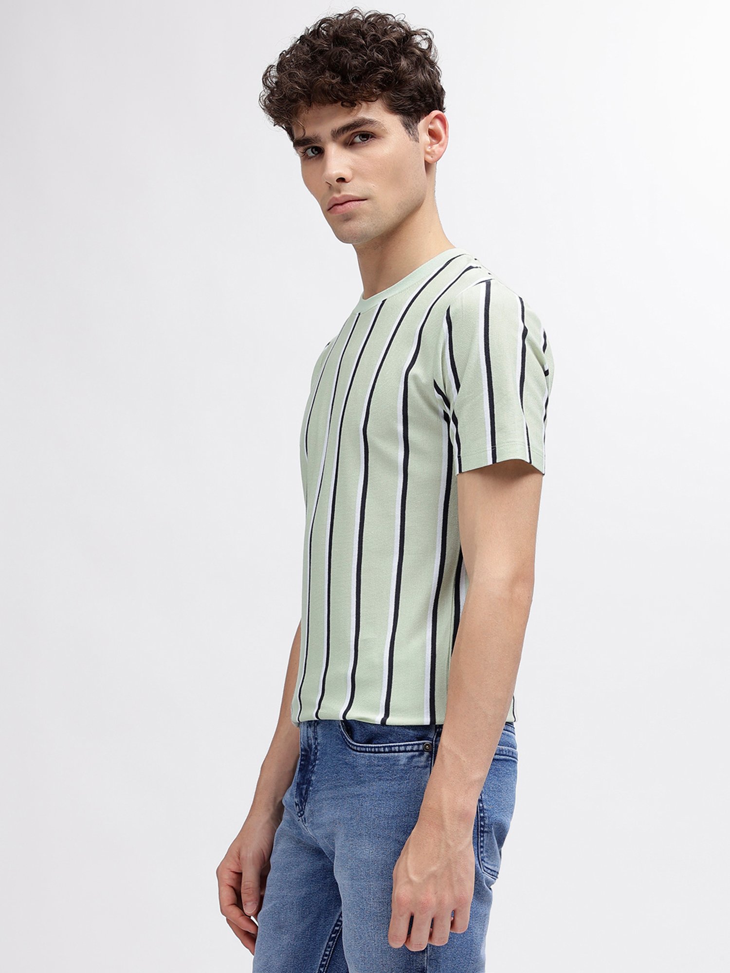 Lindbergh Light Green Regular Fit Striped Cotton Crew T-Shirt