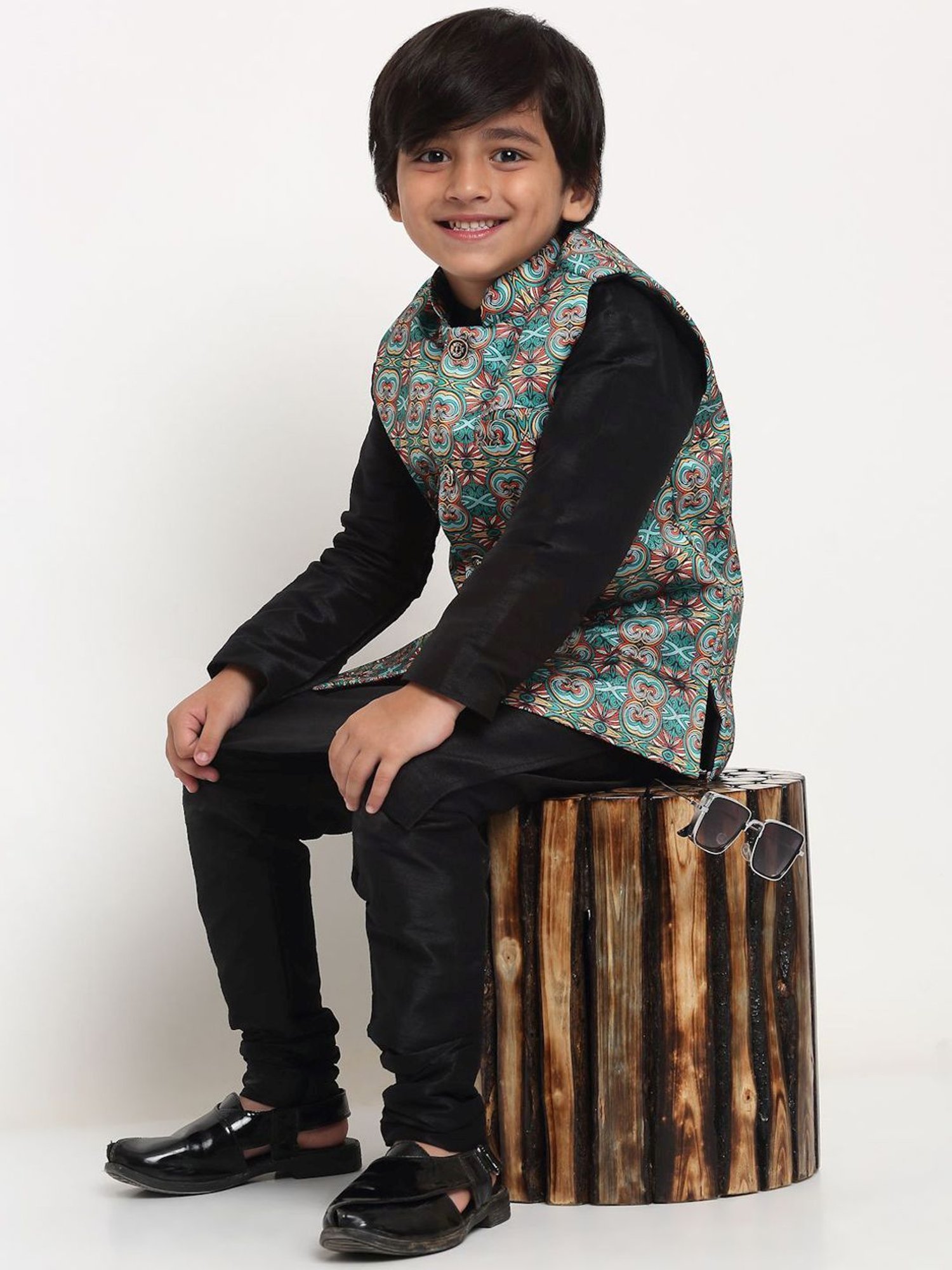 Benstoke Kids Teal Green & Orange Printed Nehru Jacket