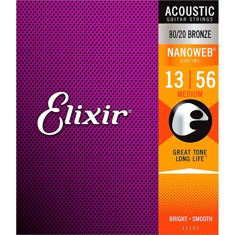 Elixir 80/20 Bronze Acoustic Guitar Strings with NANOWEB Coating, Medium (.013-.056)