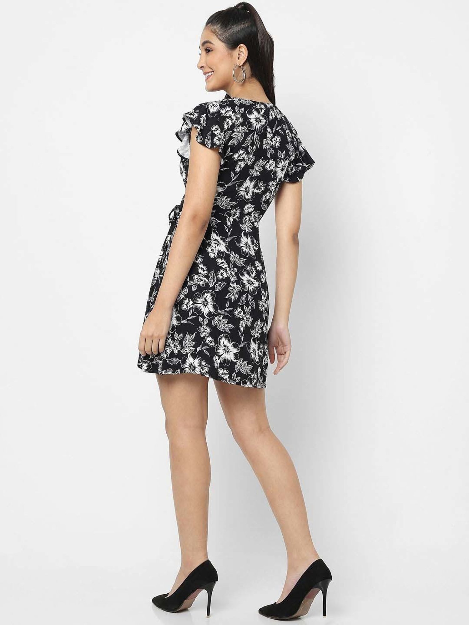 VASTRADO Black Floral Print A-Line Wrap Dress