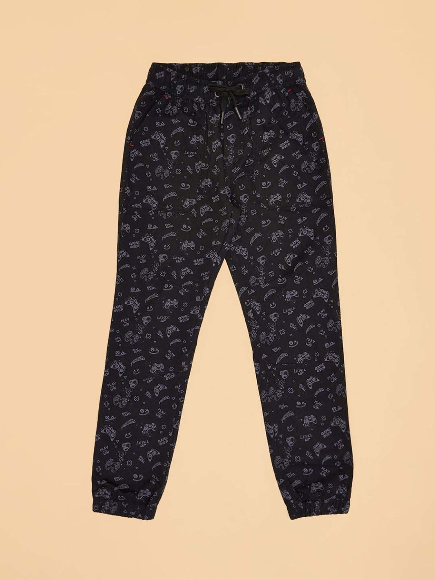 Pantaloons Junior Boys Jet Black Cotton Printed Track Bottoms & Joggers