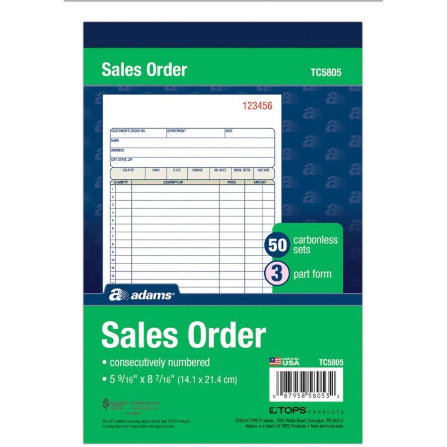 Adams Carbonless Sales Order Books - 50 Sheet(s) - 3 Part - Carbonless - 8.43" x 5.56" Sheet Size - Assorted - 1Each