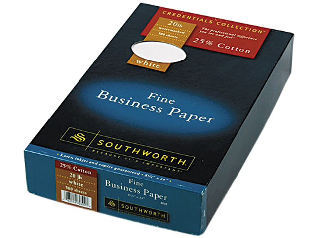 Southworth 403E 25% Cotton Business Paper, 20 lbs., 8-1/2 x 14, White, 500/Box